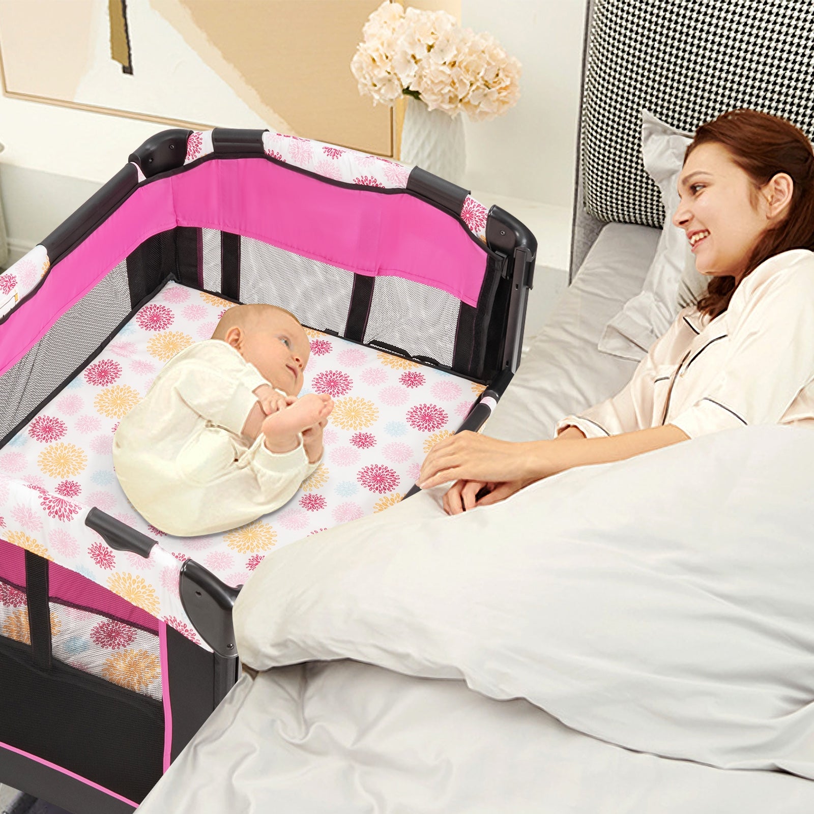Parque Portátil 3 em 1 para Crianças com Cama Trocador Centro de Atividades Rodas e Travões Rosa 107 x 72 x 80,5 cm