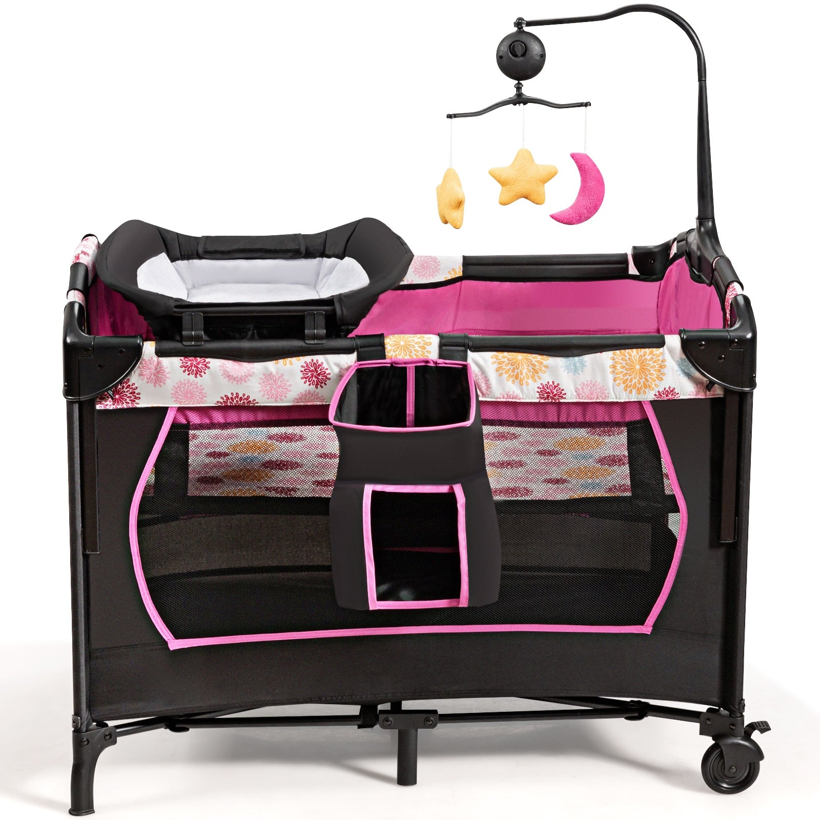 Parque Portátil 3 em 1 para Crianças com Cama Trocador Centro de Atividades Rodas e Travões Rosa 107 x 72 x 80,5 cm