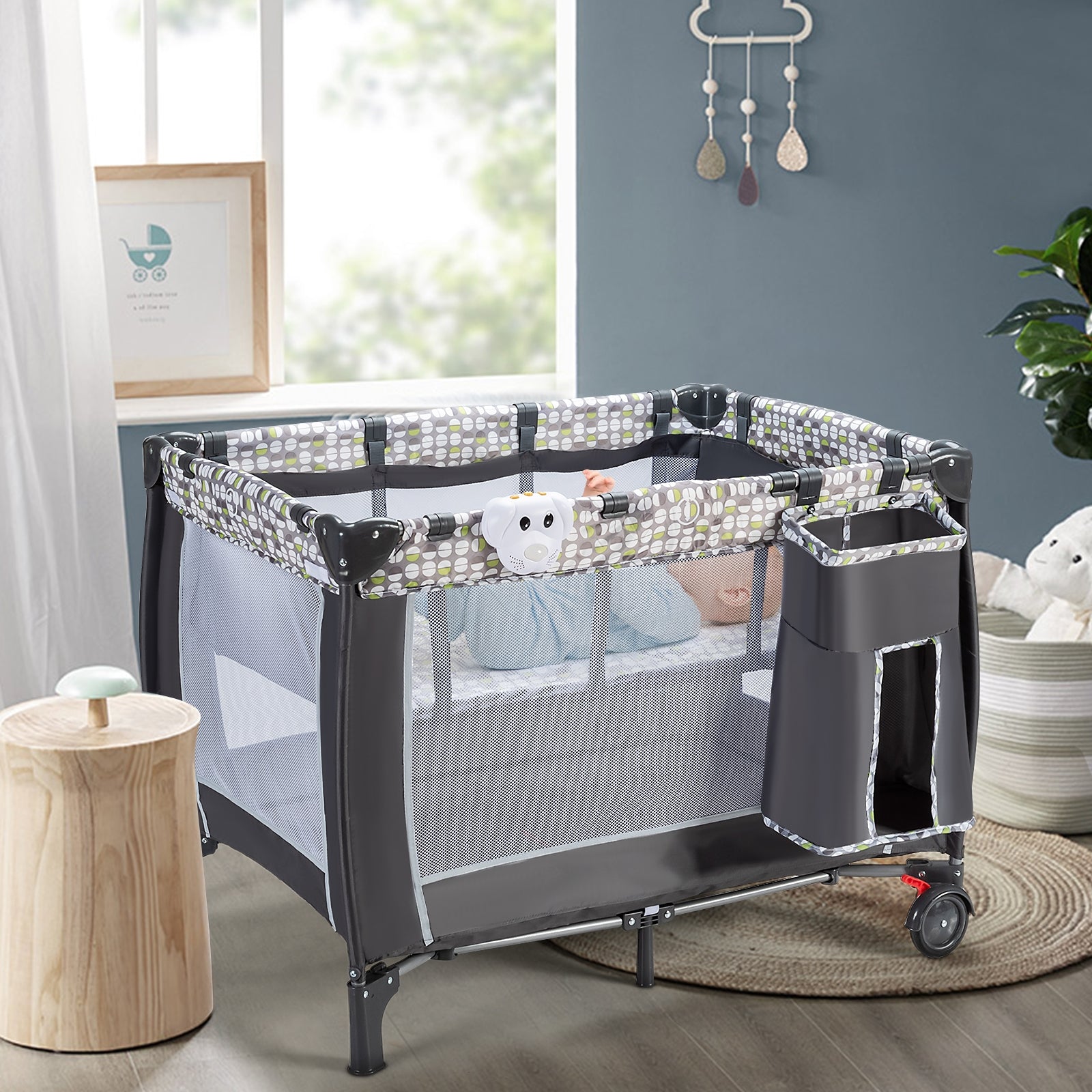 Parque Portátil com Rede Desmontável e Regulável, com Trocador, Colchão e Rodas Bloqueáveis 127 x 63 x 110 cm