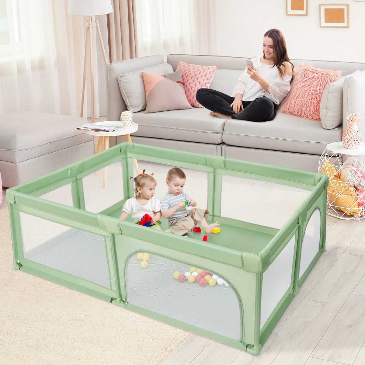 Parque para bebés – 205 x 147 x 68 cm – Verde – tecido Oxford