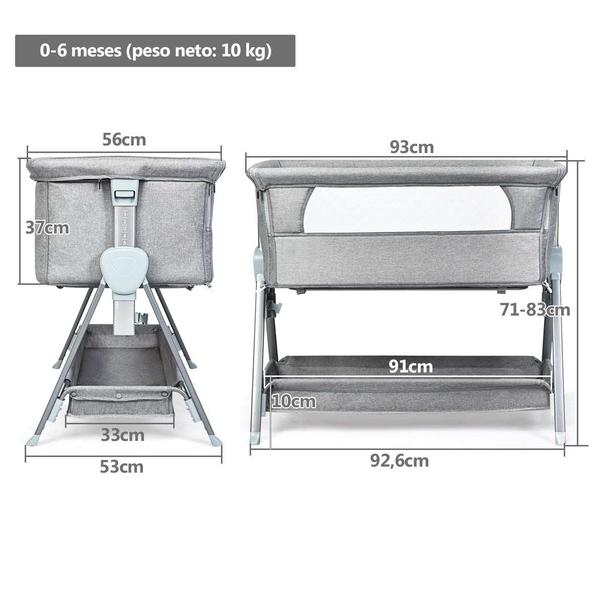 Cuna Portátil com Rodas e Altura Regulável com Colchão Removível e Lavável Incluído Ideal para 0-6 Meses Cinzento 93 x 56 x 83 cm