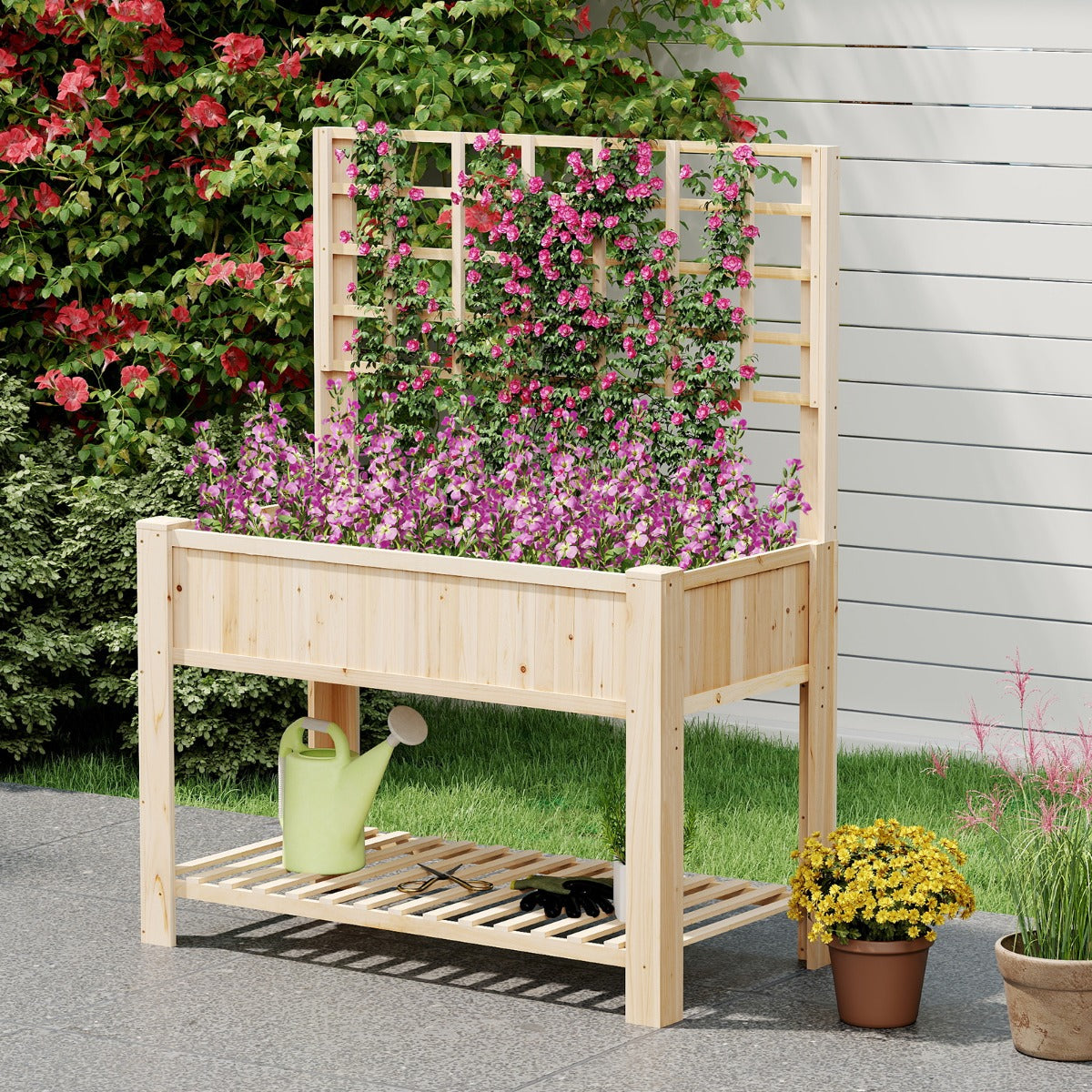 Cama Elevada de Jardim em Madeira com Floreira de 2 Níveis com Treliça para Plantas Trepadeiras Horto Independente Natural