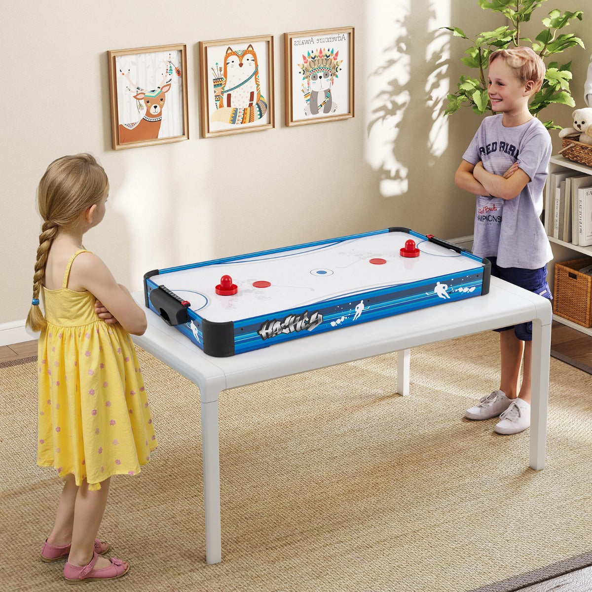 Mesa de Air Hockey com Ventilador Potente de 12V 2 Discos 2 Empurradores 2 Marcadores para Sala Escritório 108 x 50,5 x 10 cm Branco e Azul