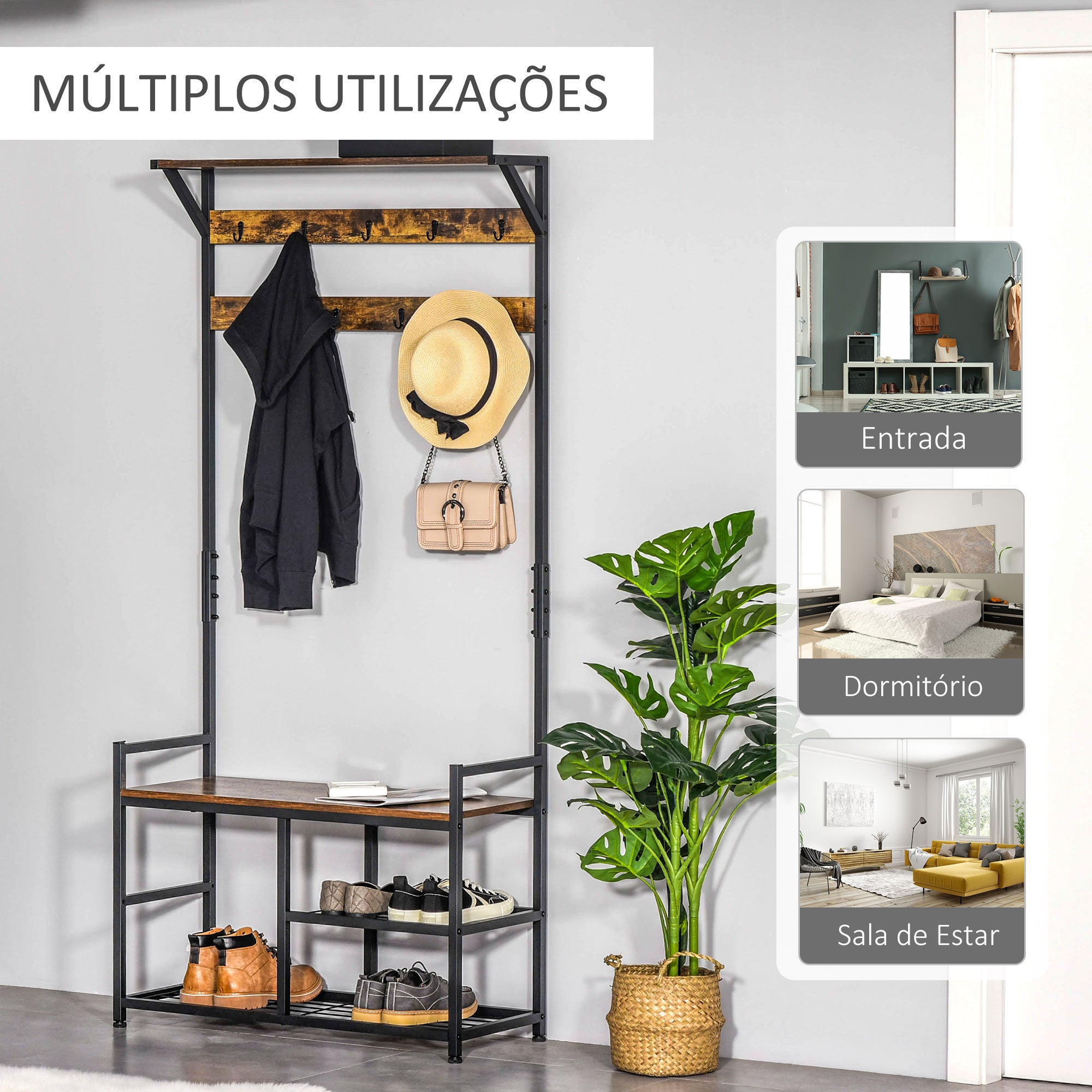Móvel Cabide de Entrada 3 em 1 84x34,5x180cm Marrom e Preto