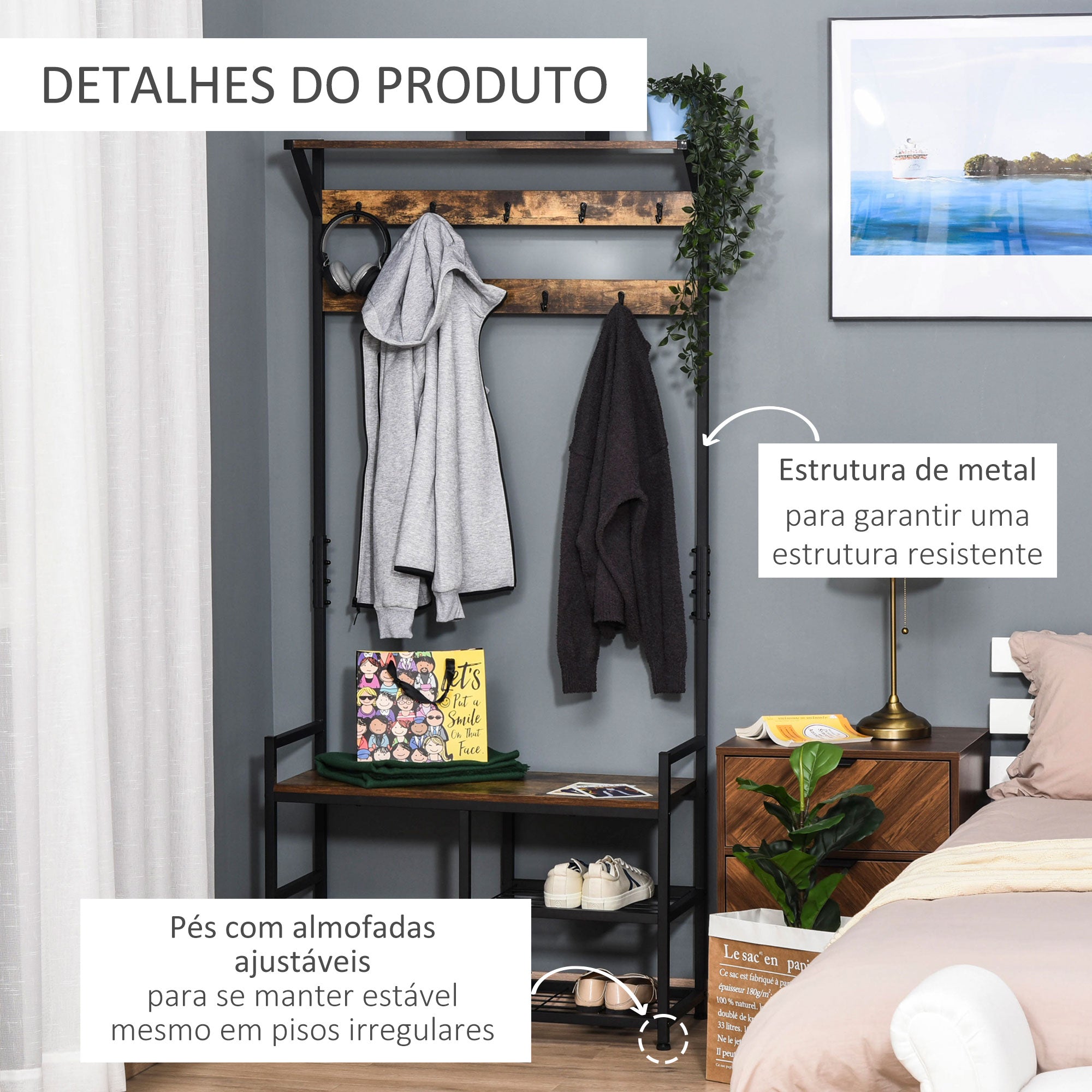 Móvel Cabide de Entrada 3 em 1 84x34,5x180cm Marrom e Preto