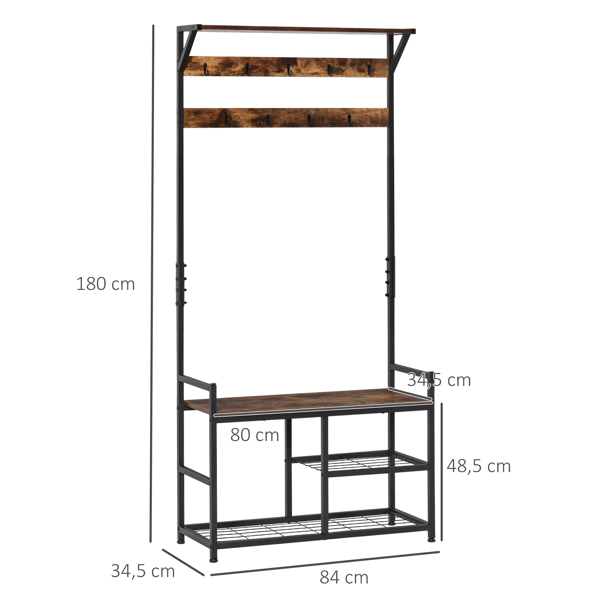 Móvel Cabide de Entrada 3 em 1 84x34,5x180cm Marrom e Preto