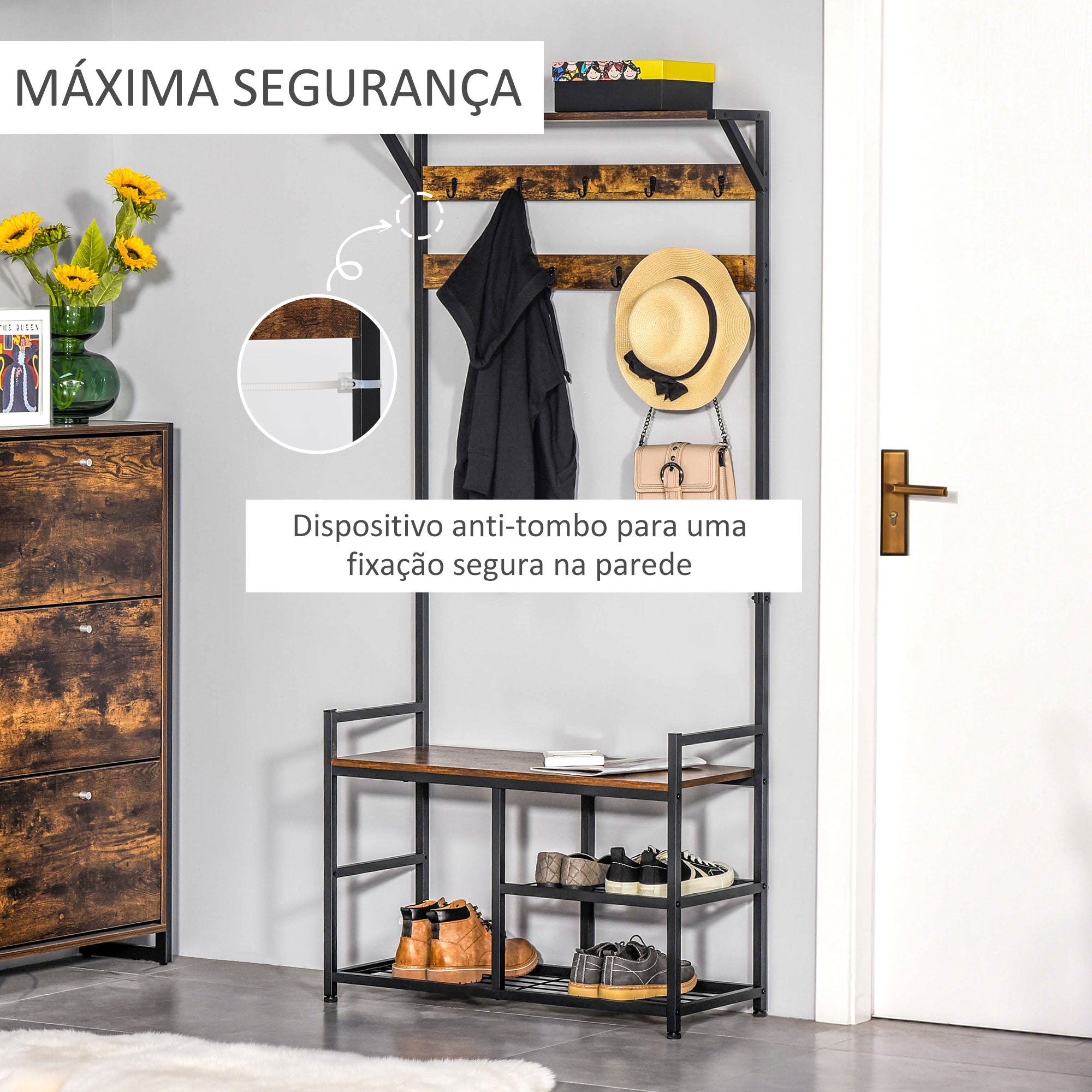 Móvel Cabide de Entrada 3 em 1 84x34,5x180cm Marrom e Preto
