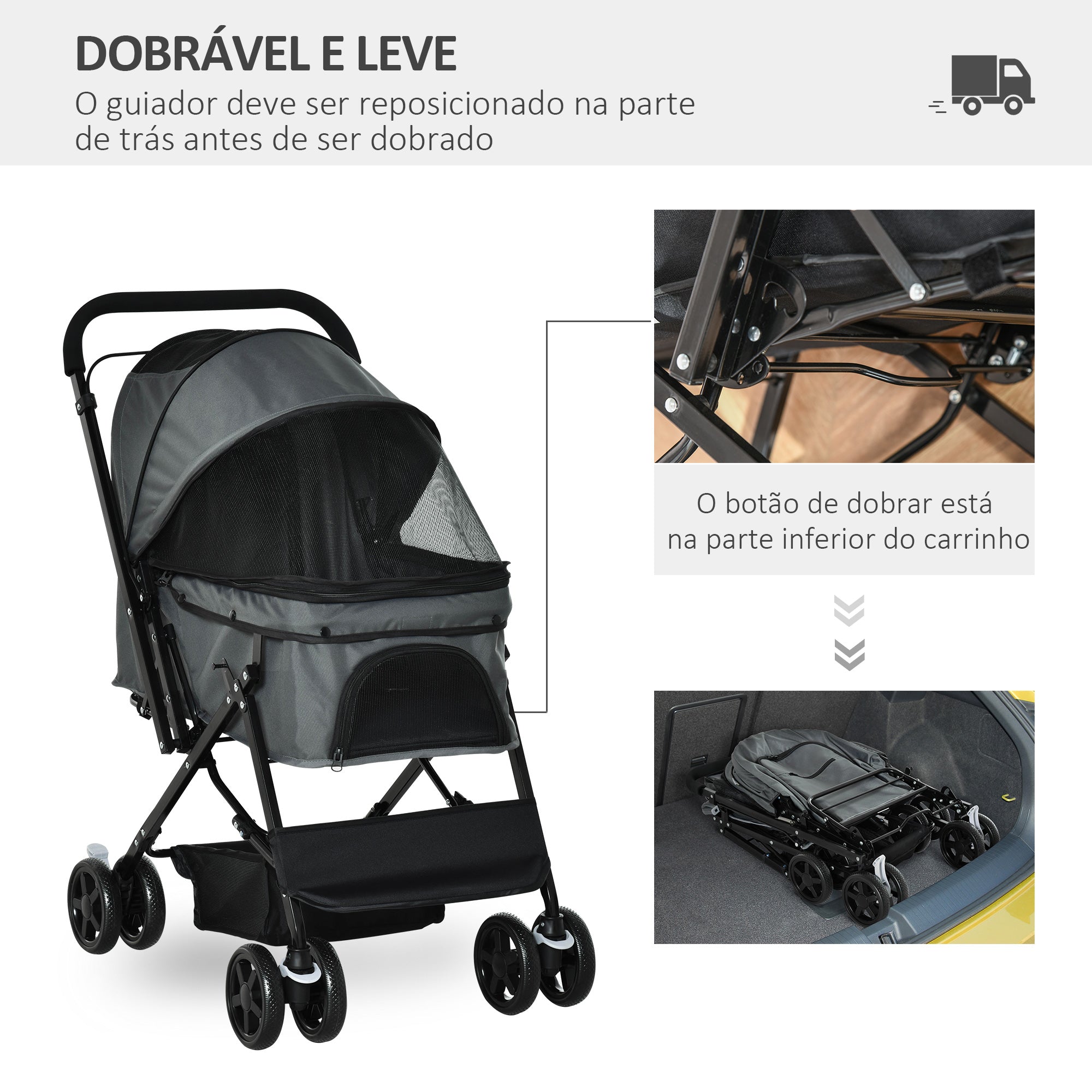 Carrinho para Animais de Estimação Dobrável – 76.5x52x95cm – Cinzento – Aço e tecido Oxford
