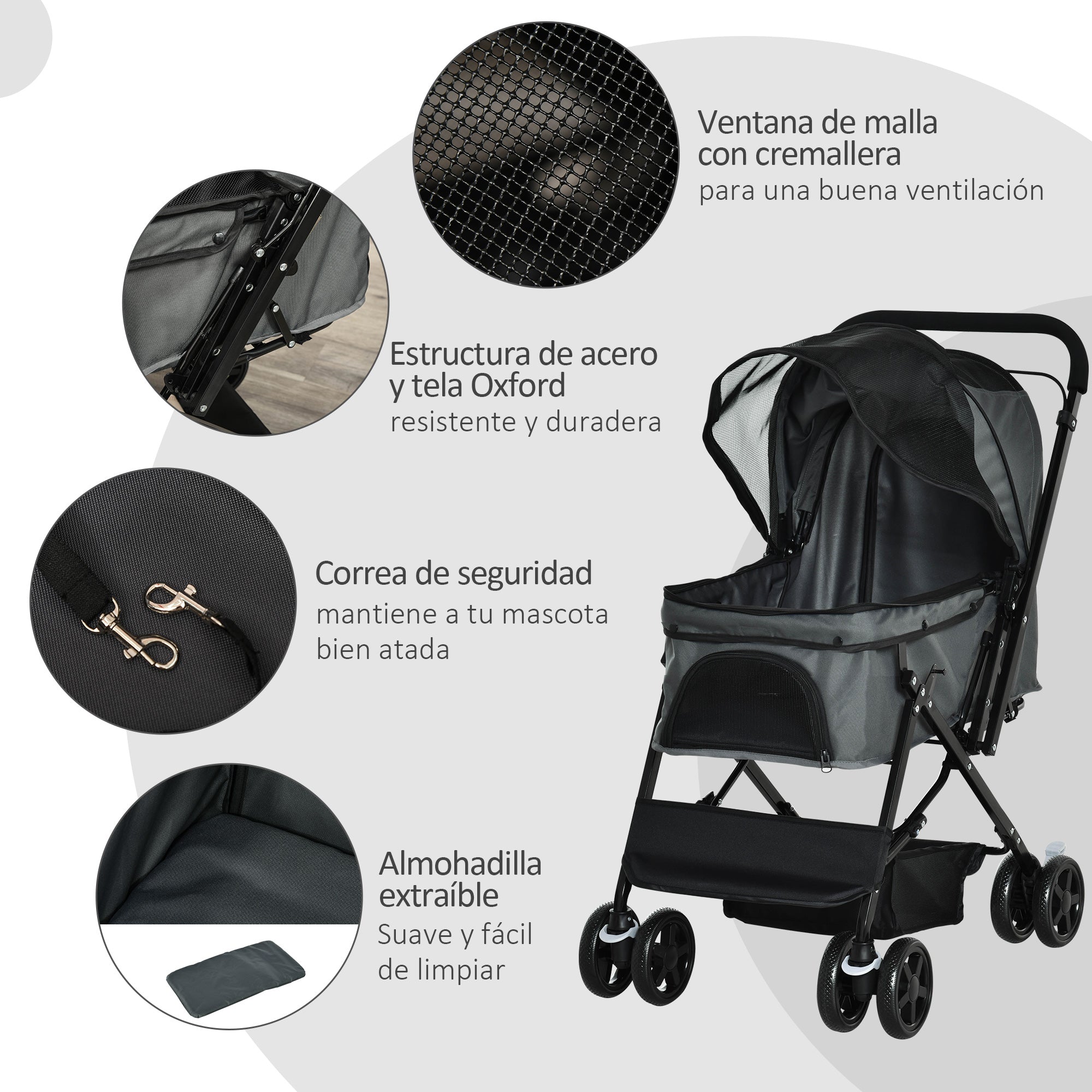 Carrinho para Animais de Estimação Dobrável – 76.5x52x95cm – Cinzento – Aço e tecido Oxford