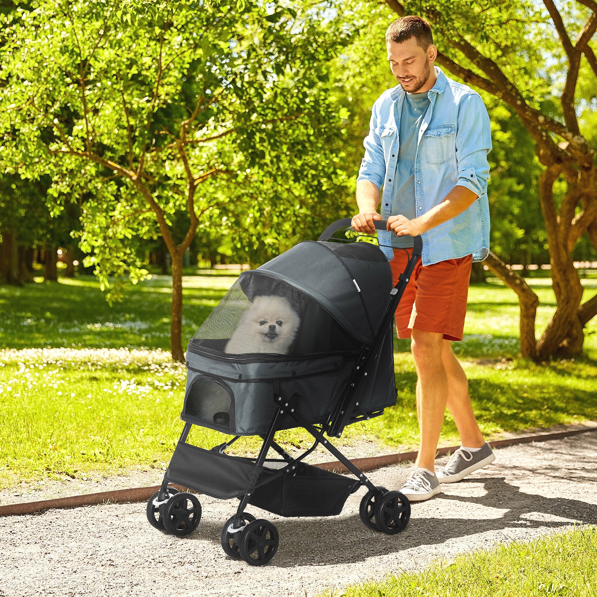 Carrinho para Animais de Estimação Dobrável – 76.5x52x95cm – Cinzento – Aço e tecido Oxford