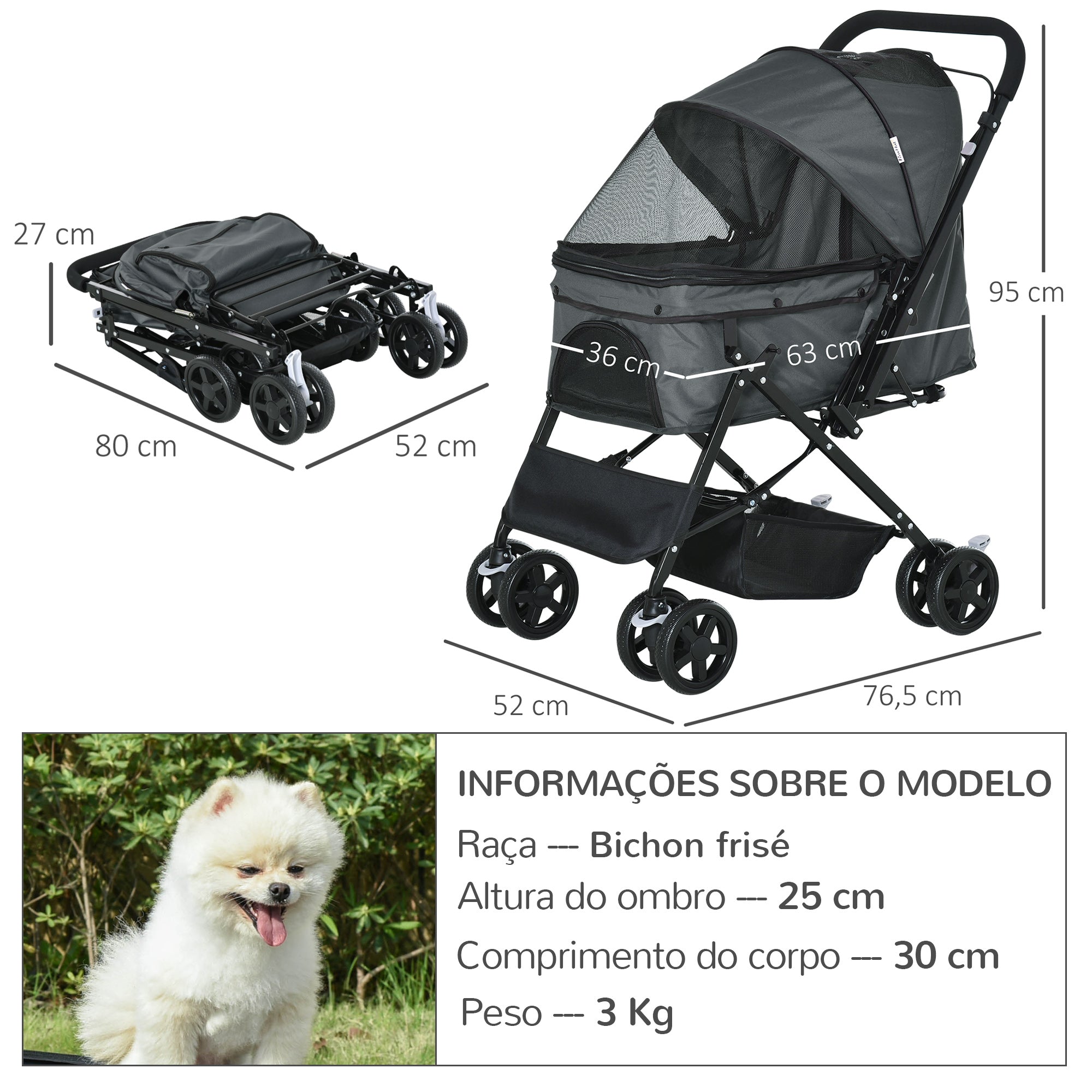 Carrinho para Animais de Estimação Dobrável – 76.5x52x95cm – Cinzento – Aço e tecido Oxford
