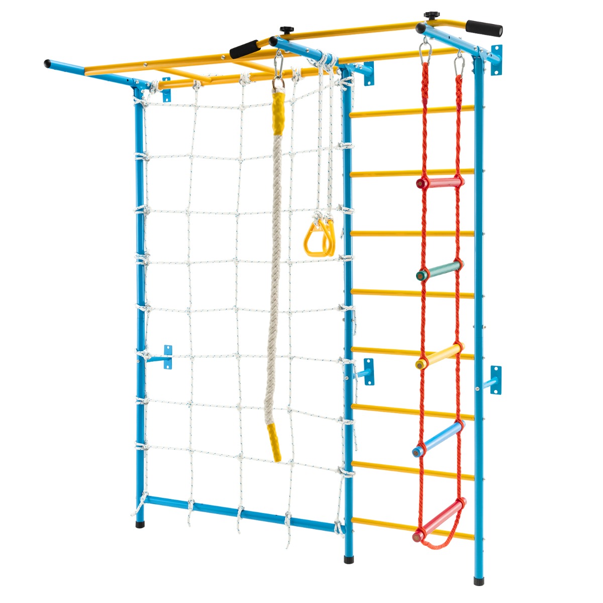 Parque de Escalada 7 em 1 para Crianças com Muro de Cordas Escada de Parede Barra de Elevação para Crianças a partir dos 3 Anos 198 x 84 x 222 cm Azul