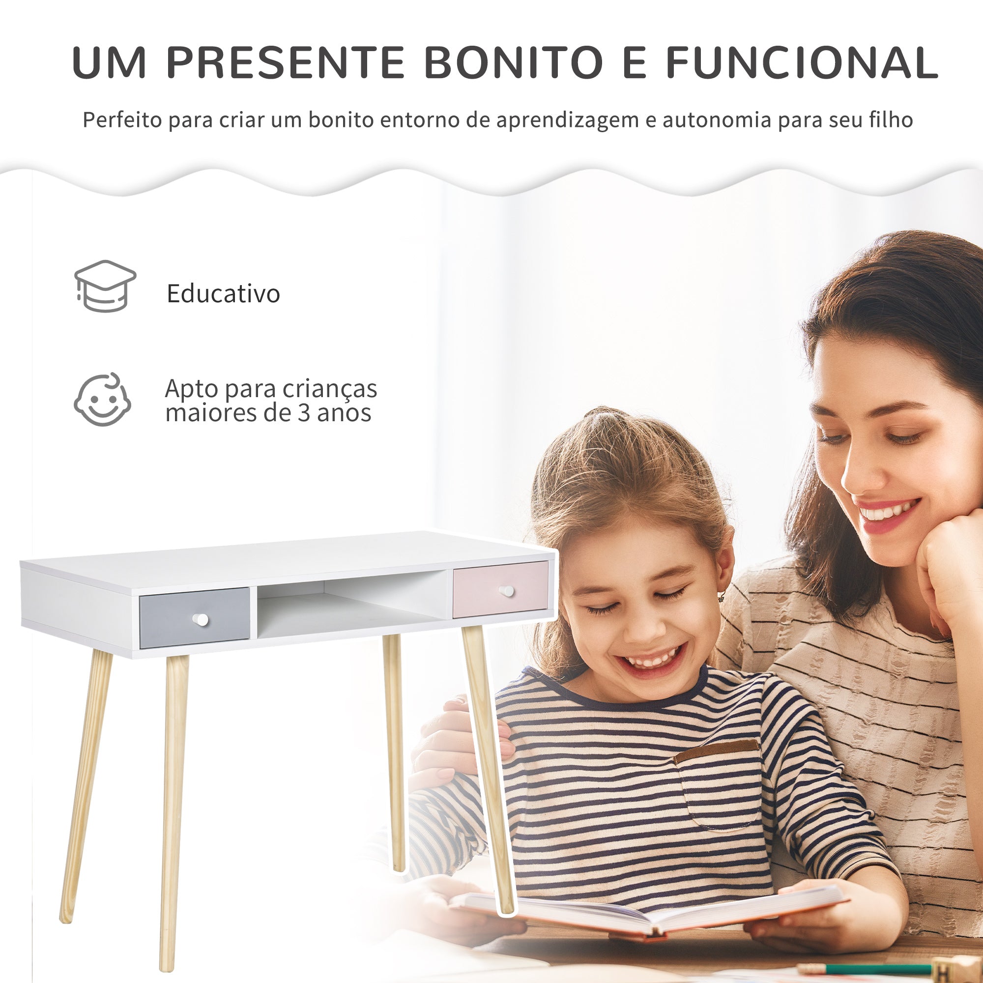 Consola Secretária Infantil 100x48x76.5cm - Branco, Rosa, Cinza, Madeira Natural