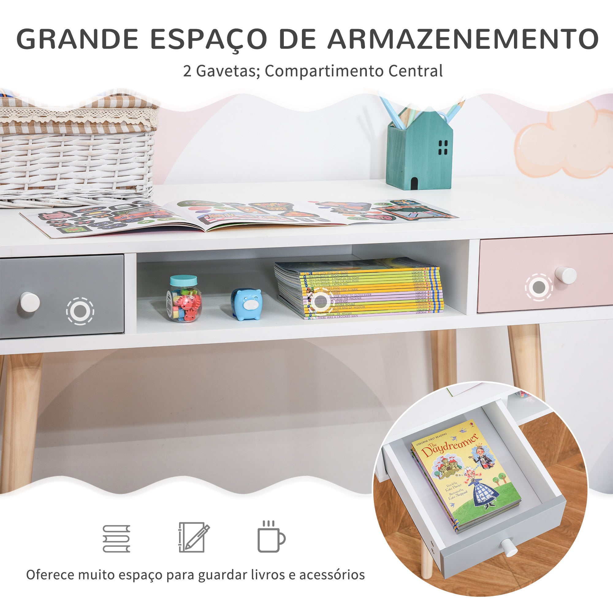 Consola Secretária Infantil 100x48x76.5cm - Branco, Rosa, Cinza, Madeira Natural