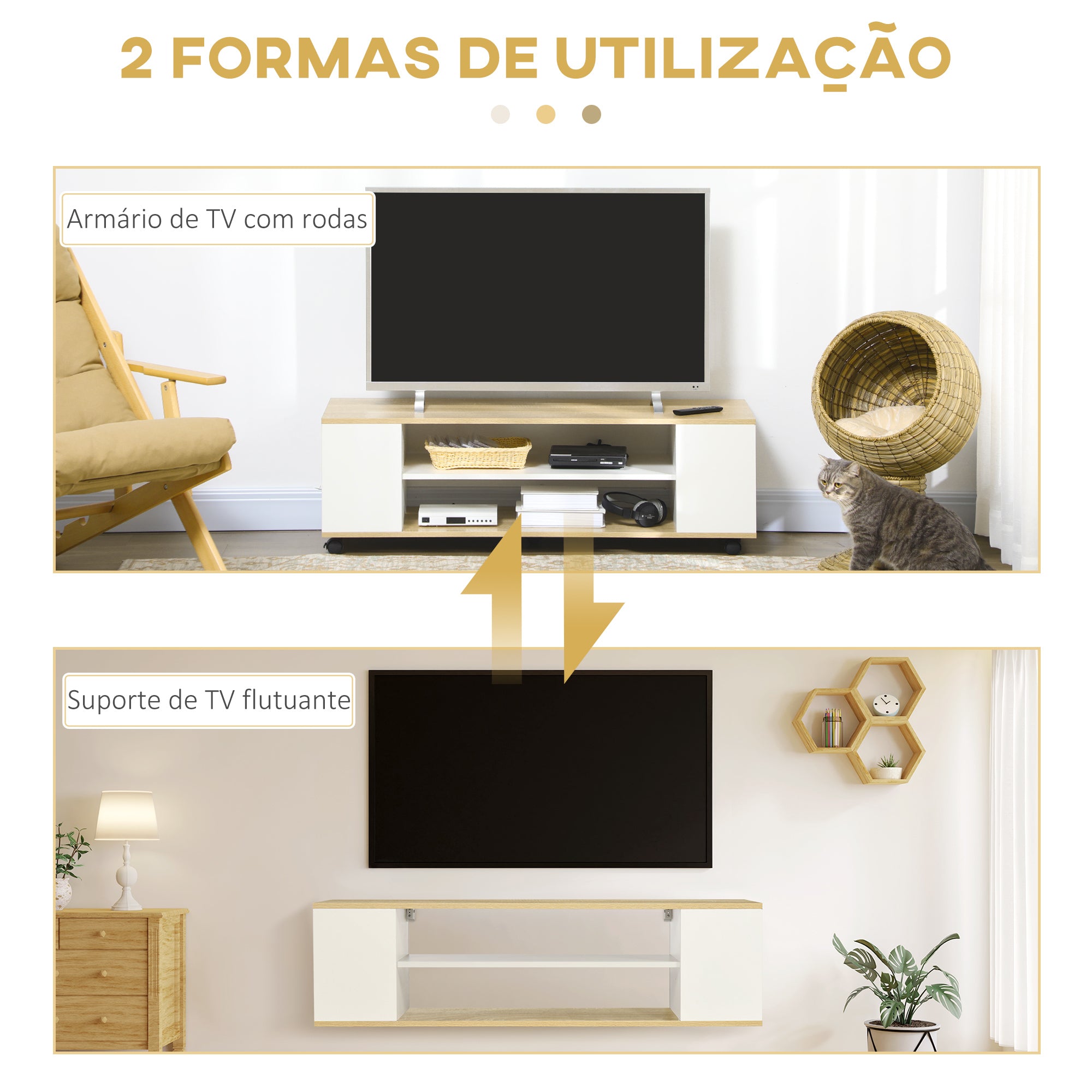 Armário para TV Flutuante com 2 Portas e 2 Prateleiras - 120x40x38,5cm - Branco e Madeira