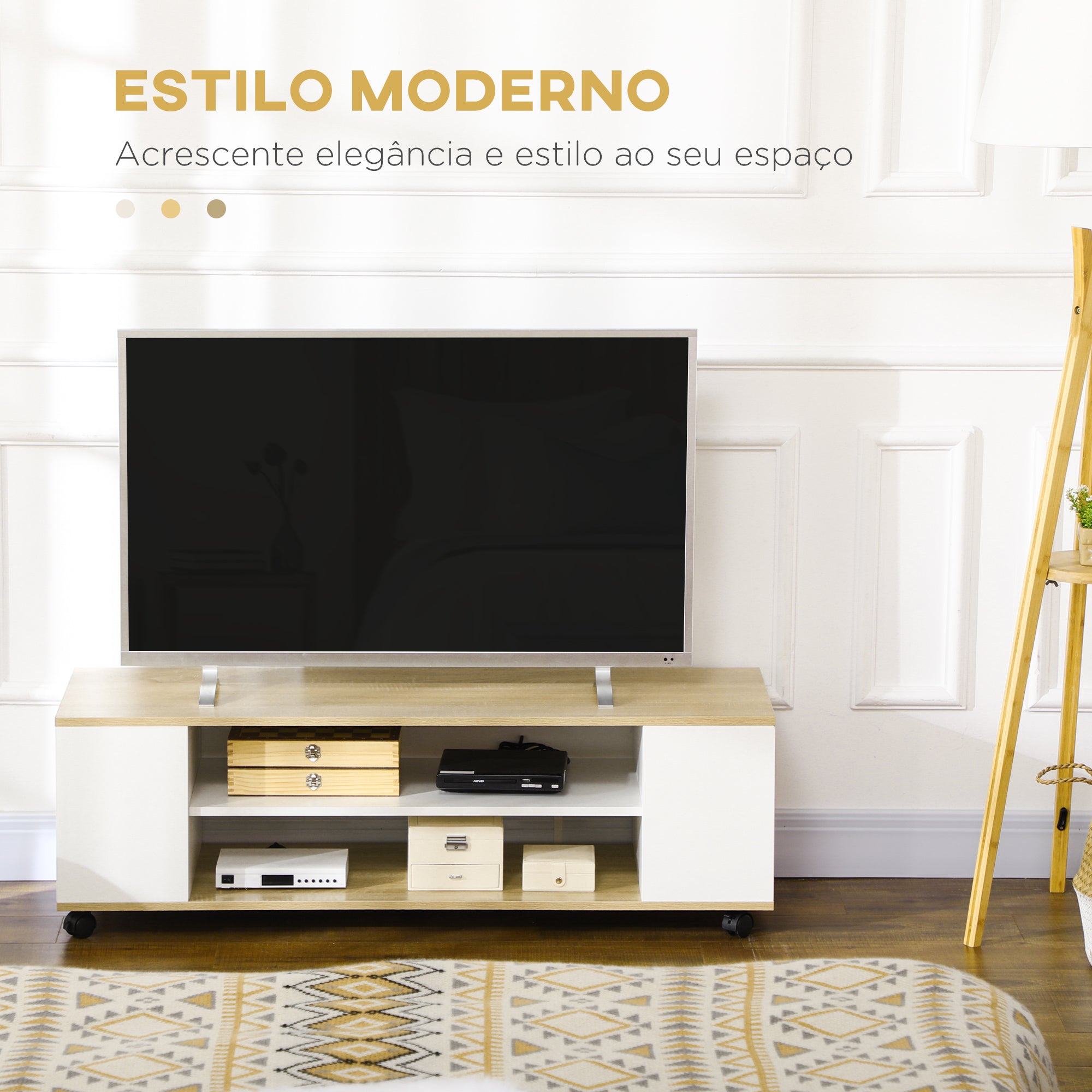 Armário para TV Flutuante com 2 Portas e 2 Prateleiras - 120x40x38,5cm - Branco e Madeira