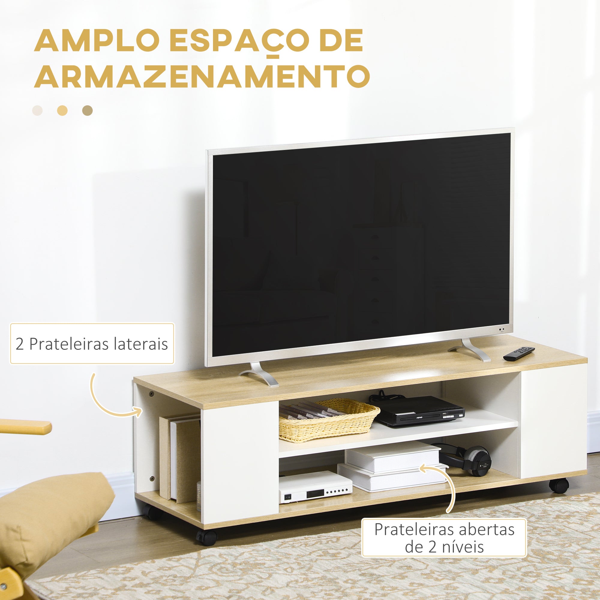 Armário para TV Flutuante com 2 Portas e 2 Prateleiras - 120x40x38,5cm - Branco e Madeira