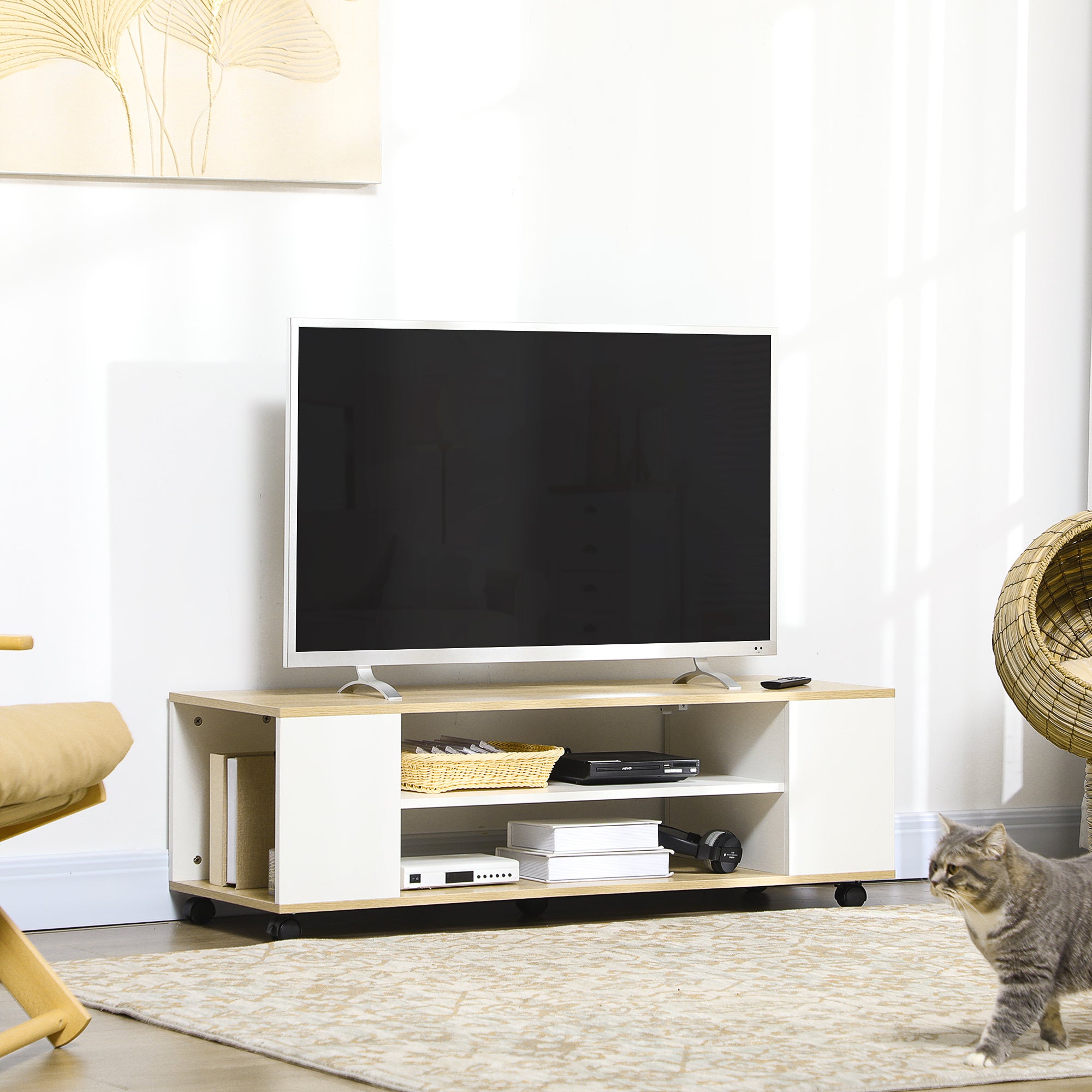 Armário para TV Flutuante com 2 Portas e 2 Prateleiras - 120x40x38,5cm - Branco e Madeira