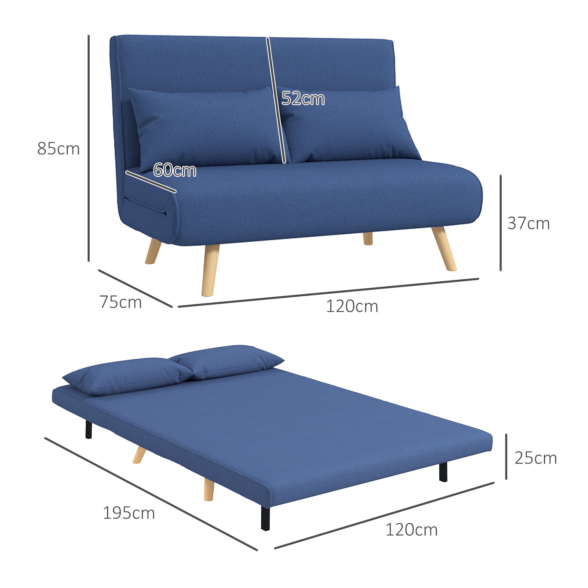 Sofá Cama de 2 Lugares Dobrável Estofado em Linho 120x75x85 cm Azul Escuro
