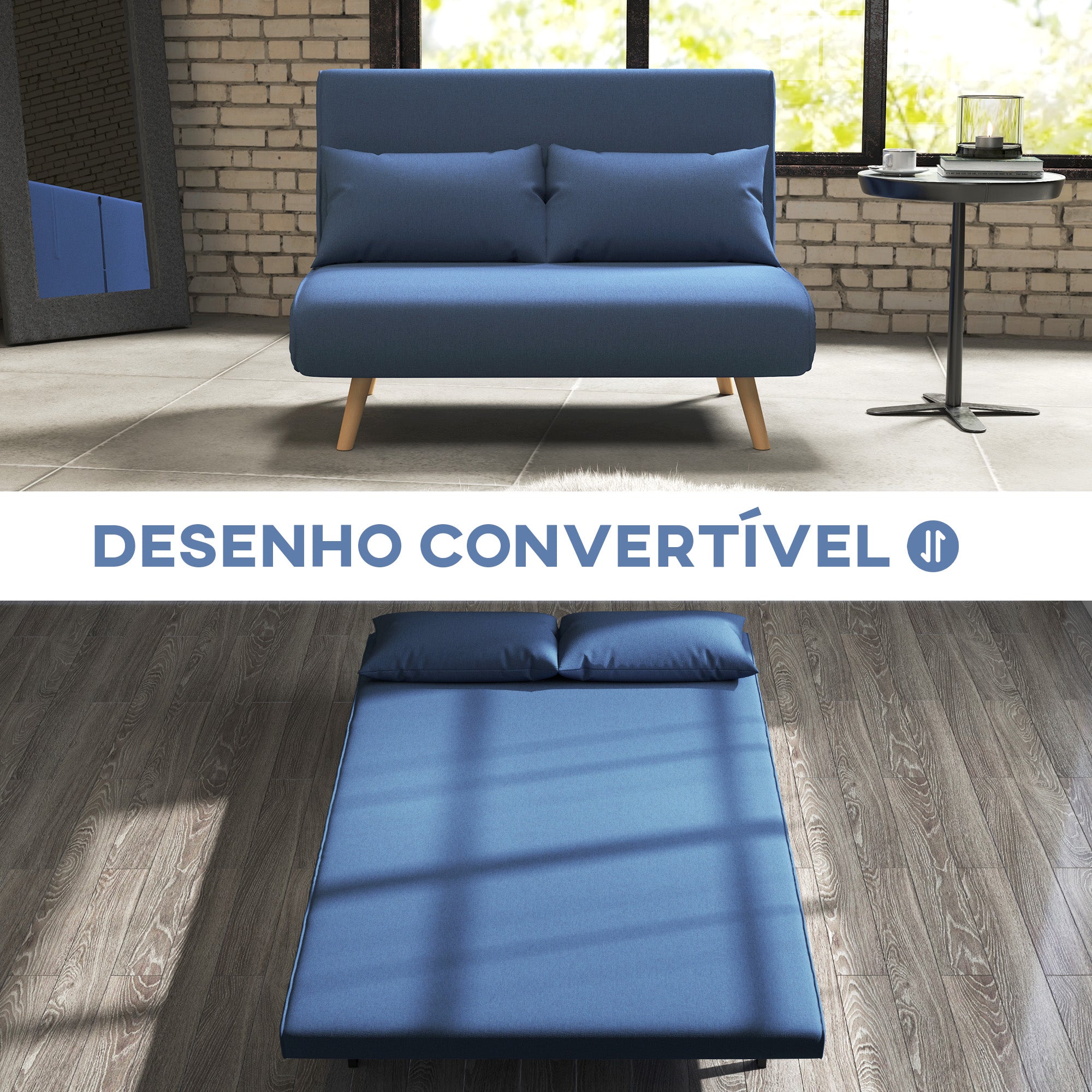Sofá Cama de 2 Lugares Dobrável Estofado em Linho 120x75x85 cm Azul Escuro