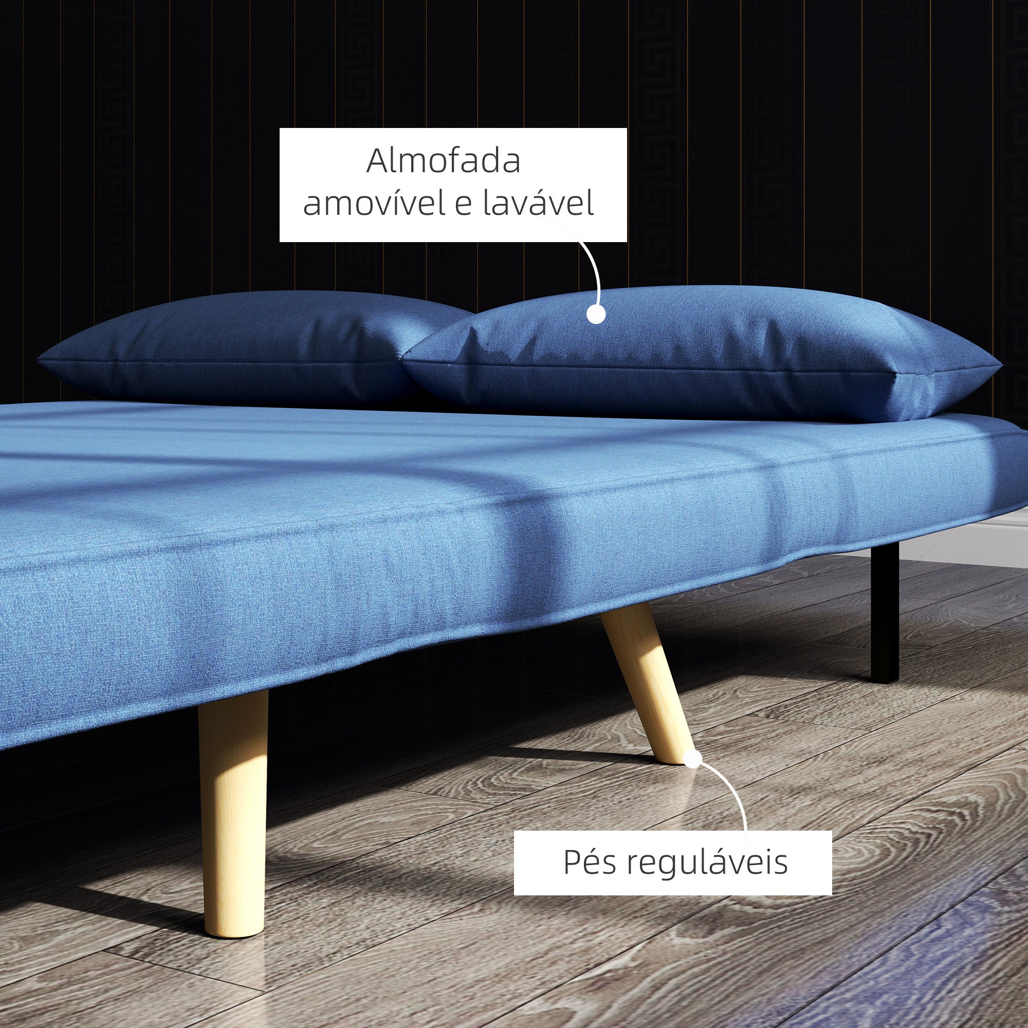 Sofá Cama de 2 Lugares Dobrável Estofado em Linho 120x75x85 cm Azul Escuro