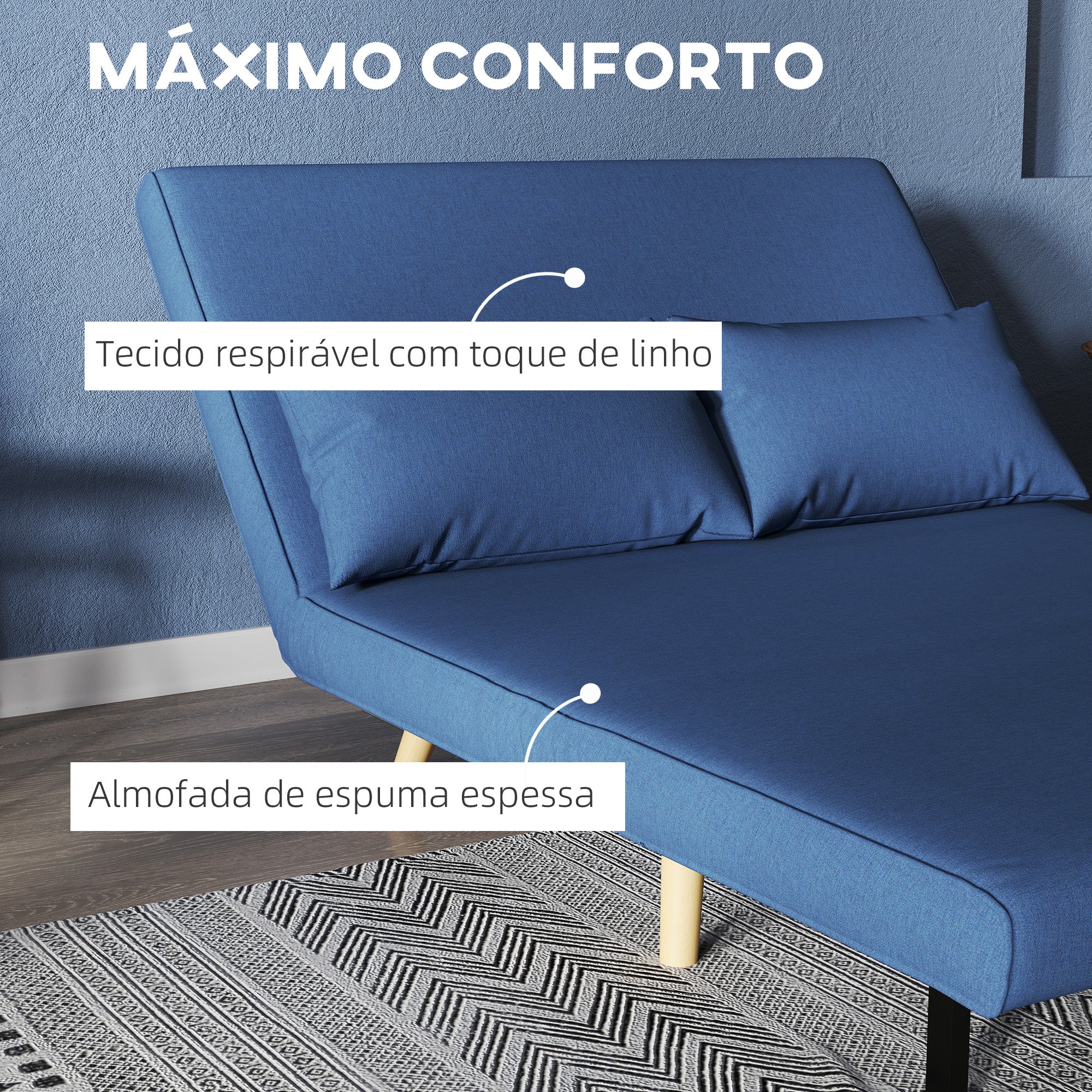 Sofá Cama de 2 Lugares Dobrável Estofado em Linho 120x75x85 cm Azul Escuro