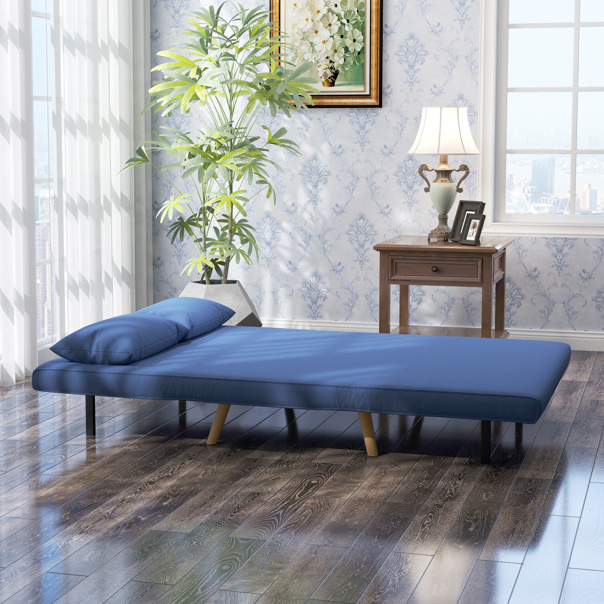Sofá Cama de 2 Lugares Dobrável Estofado em Linho 120x75x85 cm Azul Escuro