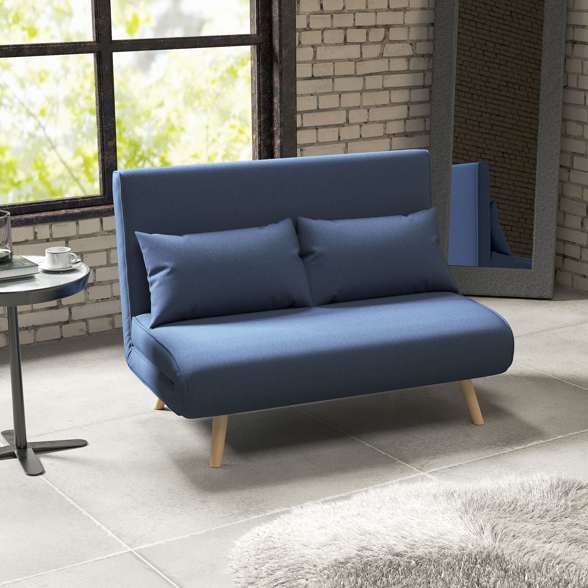 Sofá Cama de 2 Lugares Dobrável Estofado em Linho 120x75x85 cm Azul Escuro