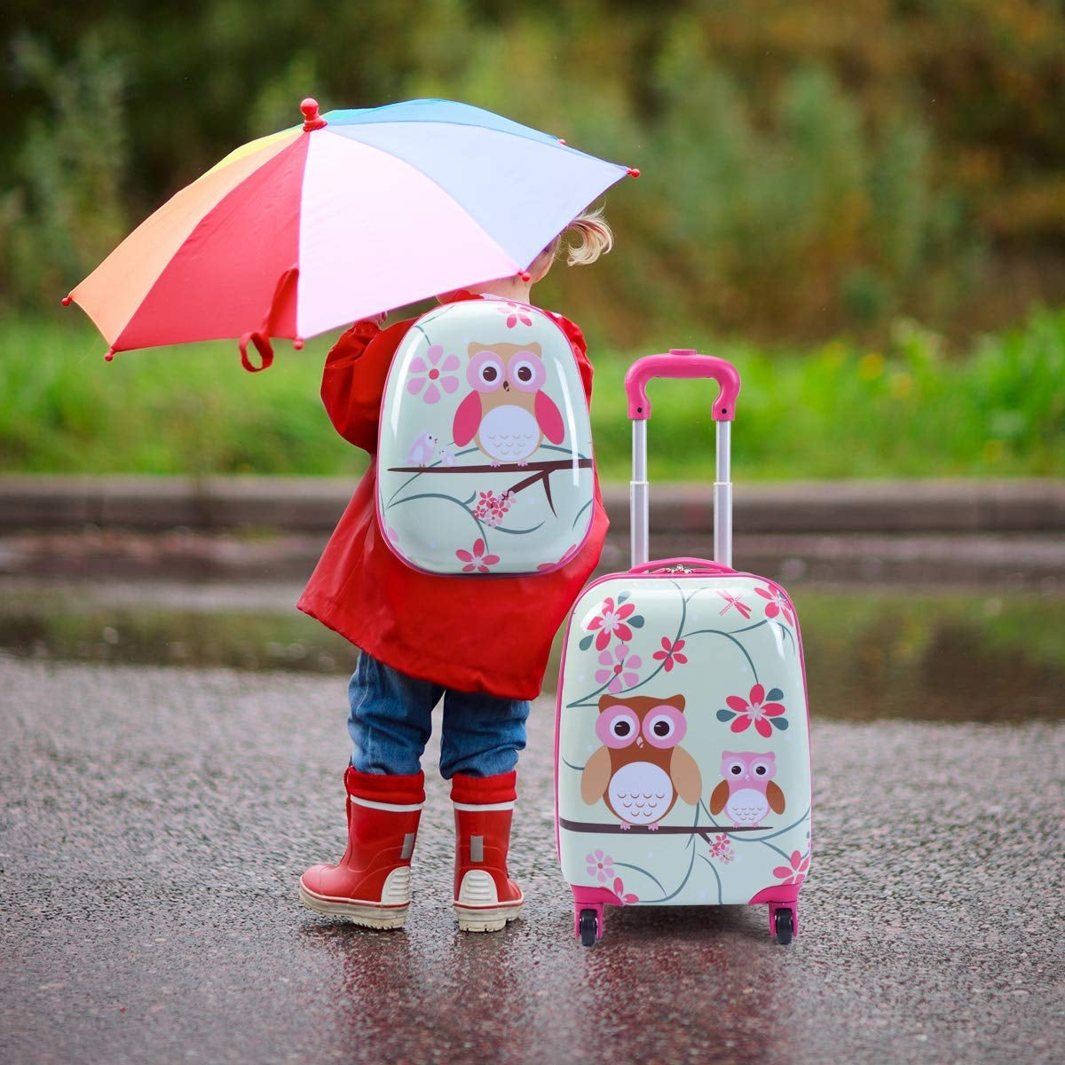 Conjunto de Mala de Viagem Coruja para Crianças 2 em 1 Adorável bagagem com rodas com Mochila