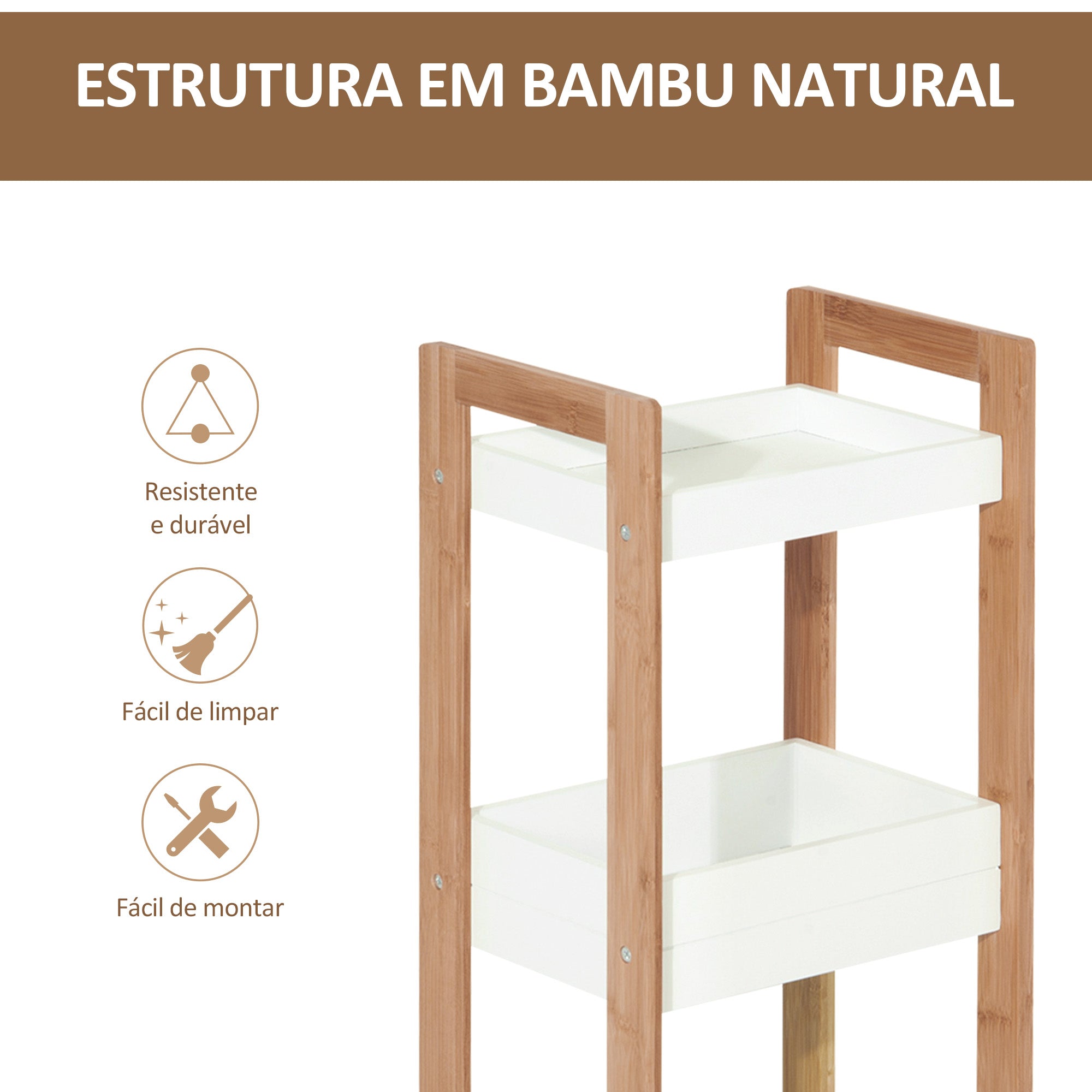 Móvel Auxiliar de Banheiro com 3 Prateleiras de Bambu 27,5x20,8x74 cm Cor Branco e Natural