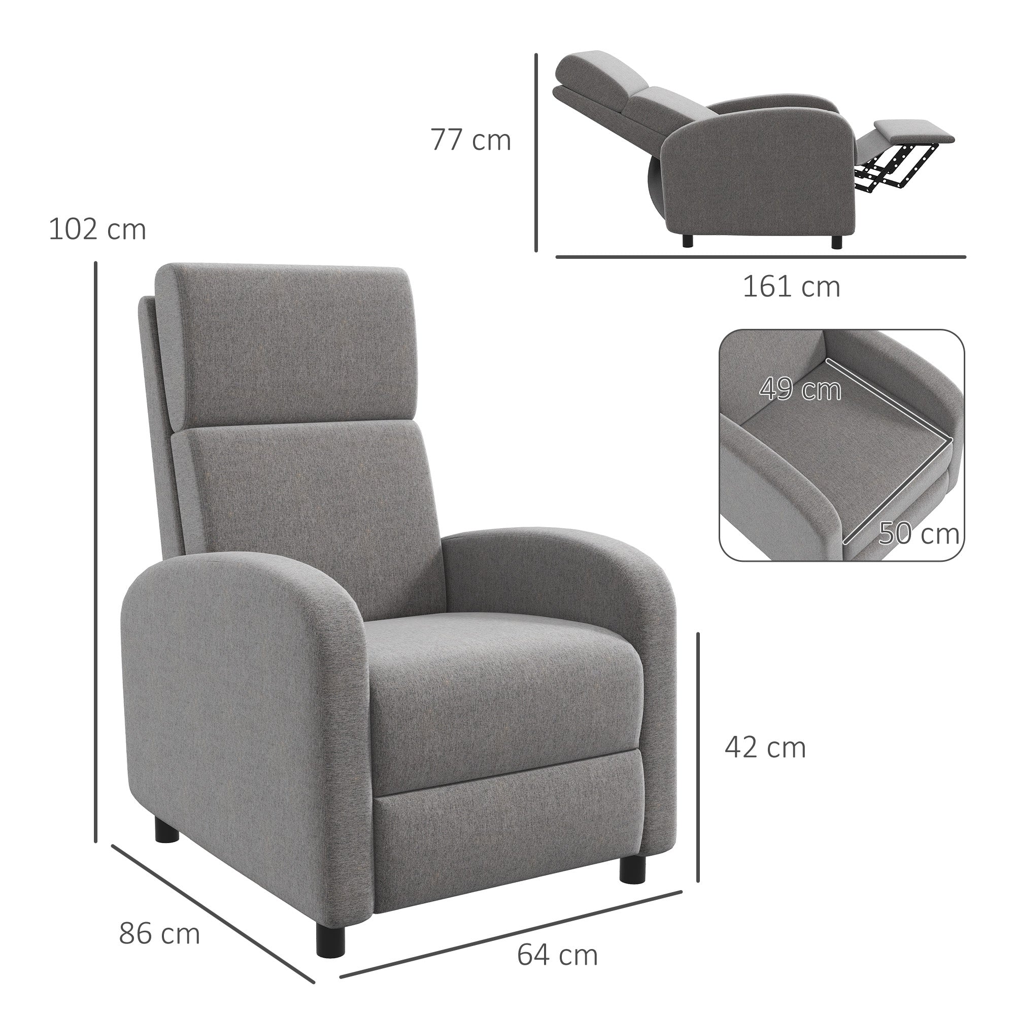 Poltrona Relax Reclinável 64x86x102 cm Cinzento