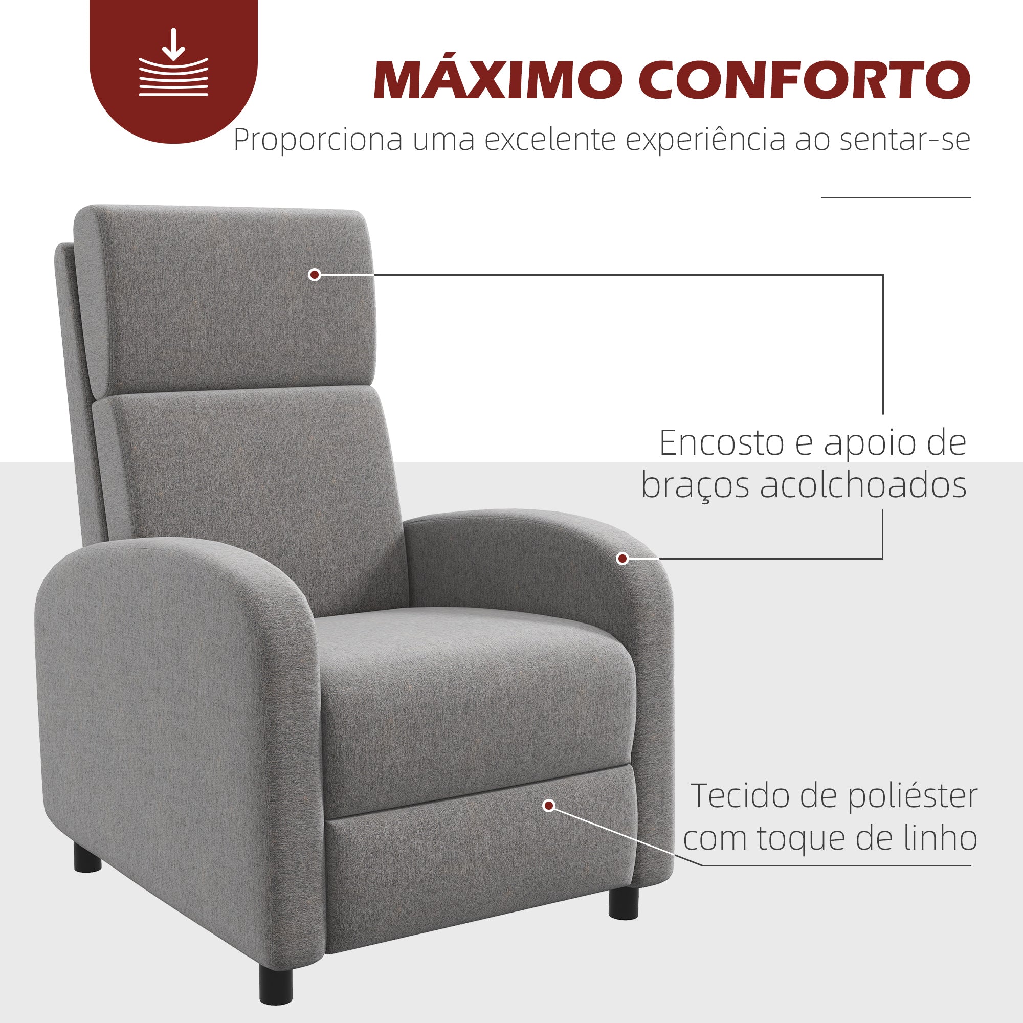 Poltrona Relax Reclinável 64x86x102 cm Cinzento