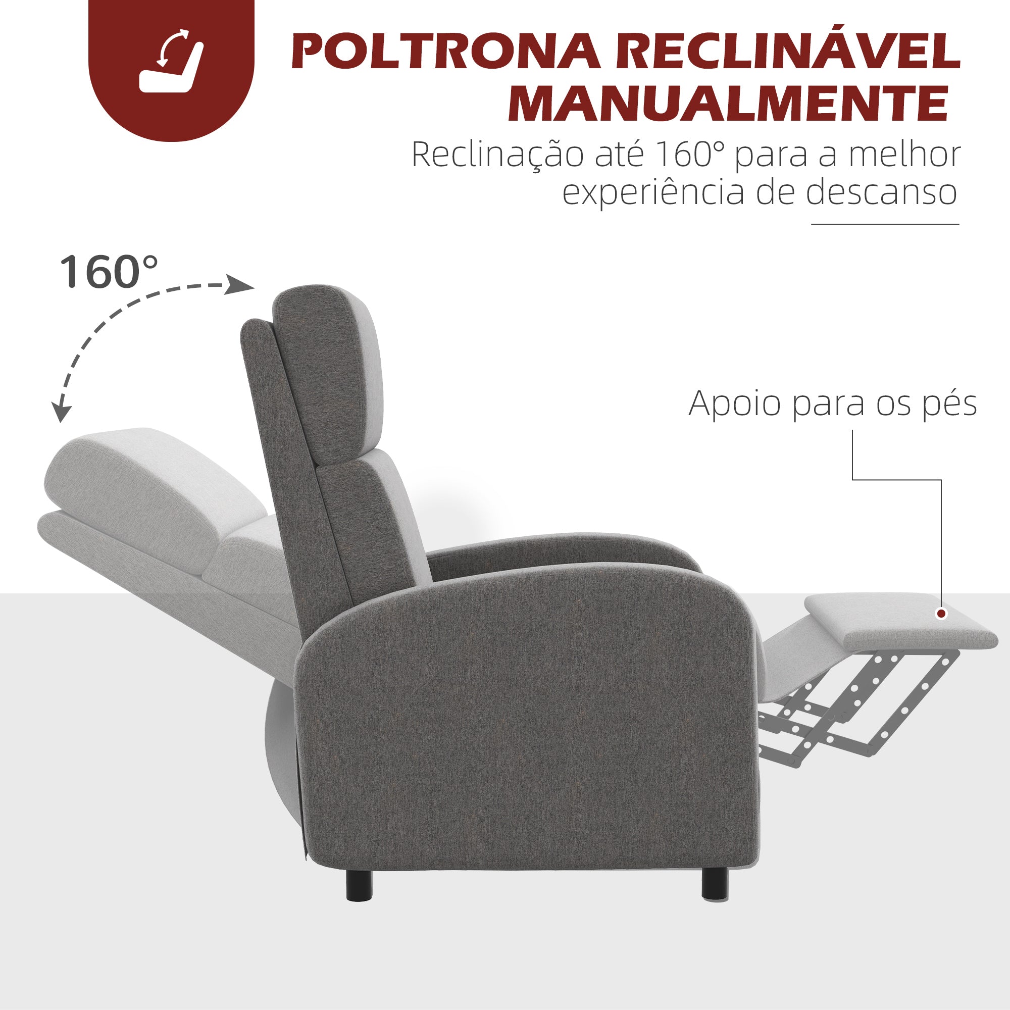 Poltrona Relax Reclinável 64x86x102 cm Cinzento