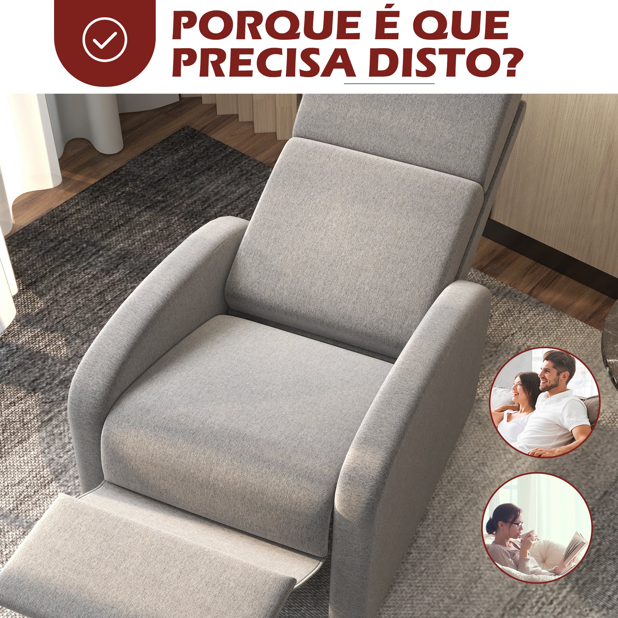 Poltrona Relax Reclinável 64x86x102 cm Cinzento