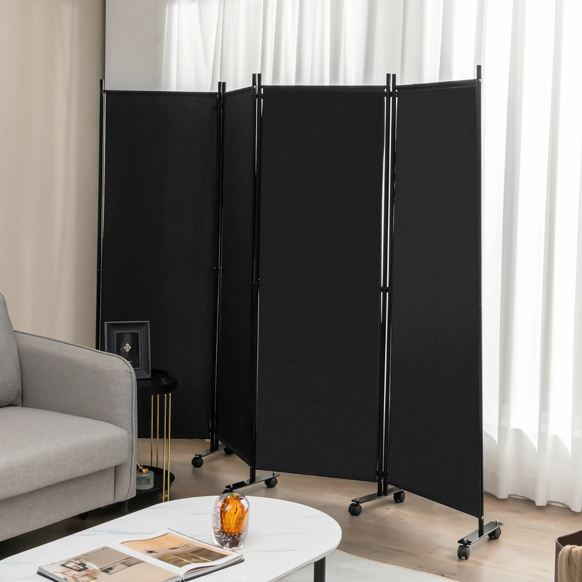 Biombo Separador de Ambientes com 4 Painéis e Rodas - Preto