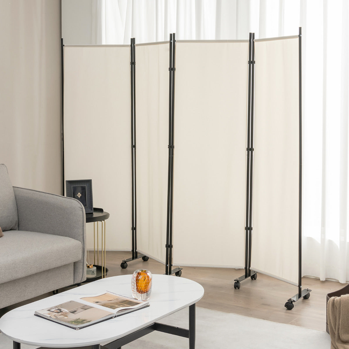 Biombo de 4 Painéis Separador de Ambientes com Rodas Telas de Privacidade Divisor para Casa Escritório 225 x 30 x 173 cm Branco