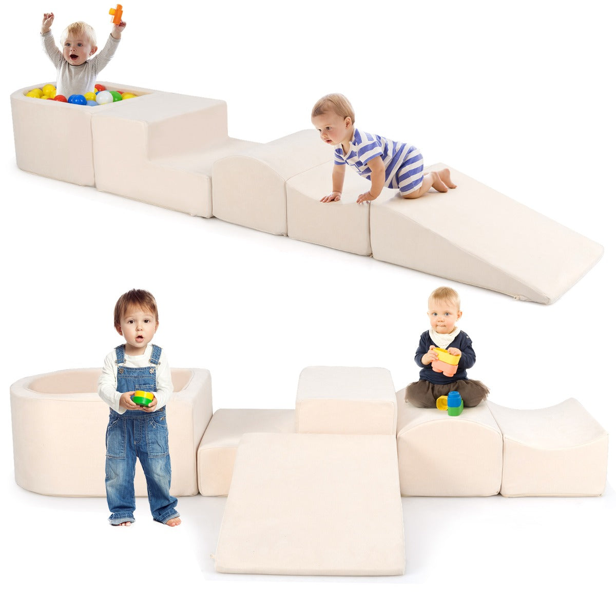 Conjunto de Escalada e Rampa – 5 Peças – Bege – Tecido Suede e Esponja