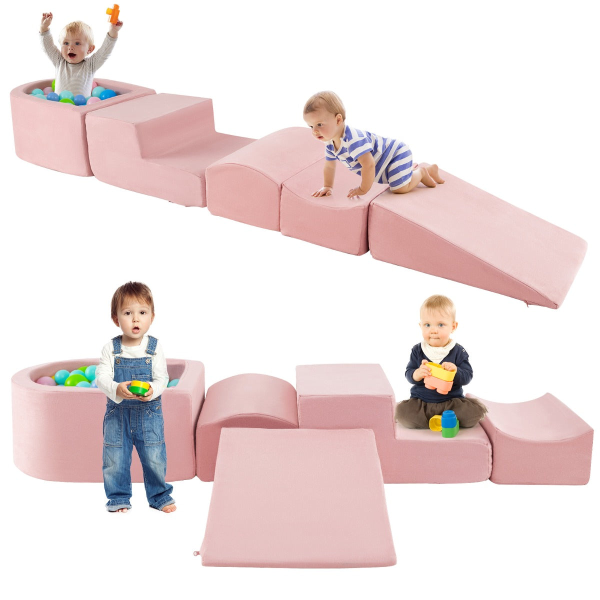 Conjunto de Escalada e Rampa para Crianças – 5 peças – Rosa – Tecido e Espuma