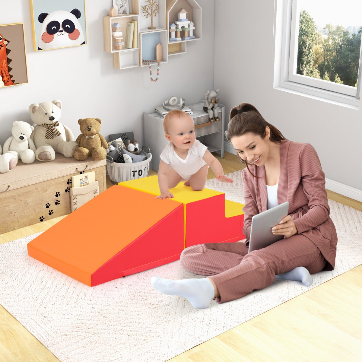 Conjunto Escalador e Escorrega para Bebés e Crianças Pequenas – 100 x 50 x 25 cm – Amarelo – Espuma