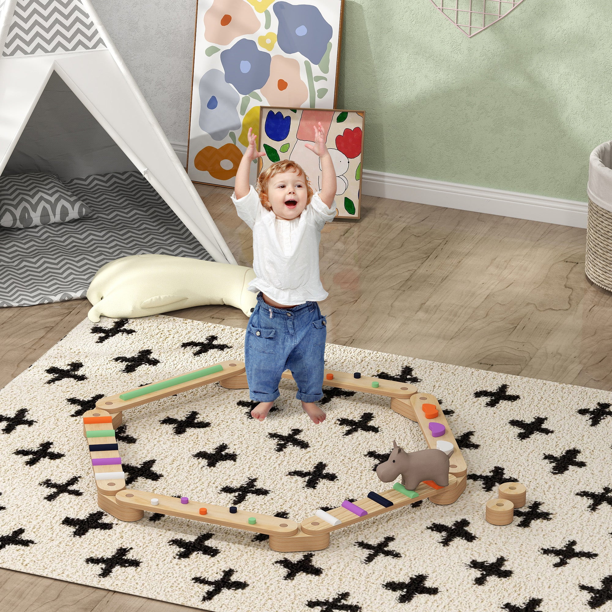 Trave de Equilíbrio Multicor 130x115x8,5 cm para Crianças acima de 3 Anos