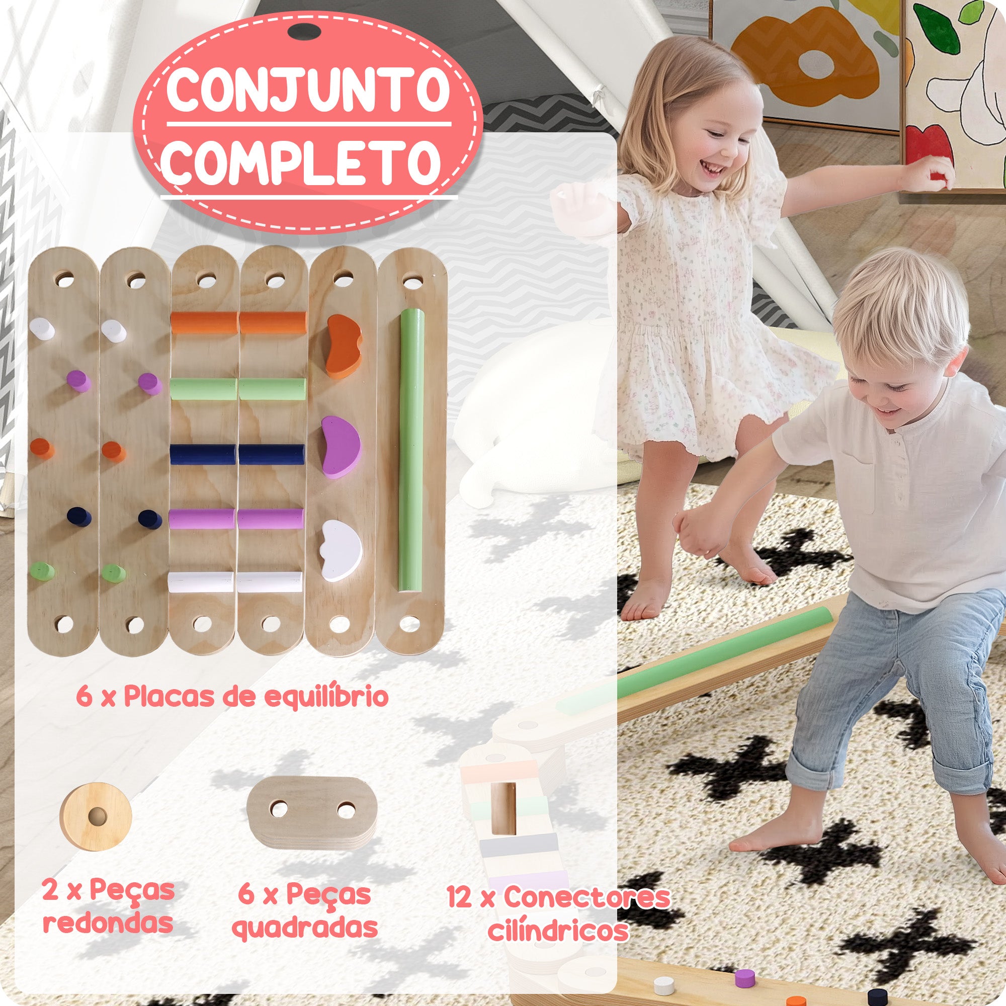 Trave de Equilíbrio Multicor 130x115x8,5 cm para Crianças acima de 3 Anos