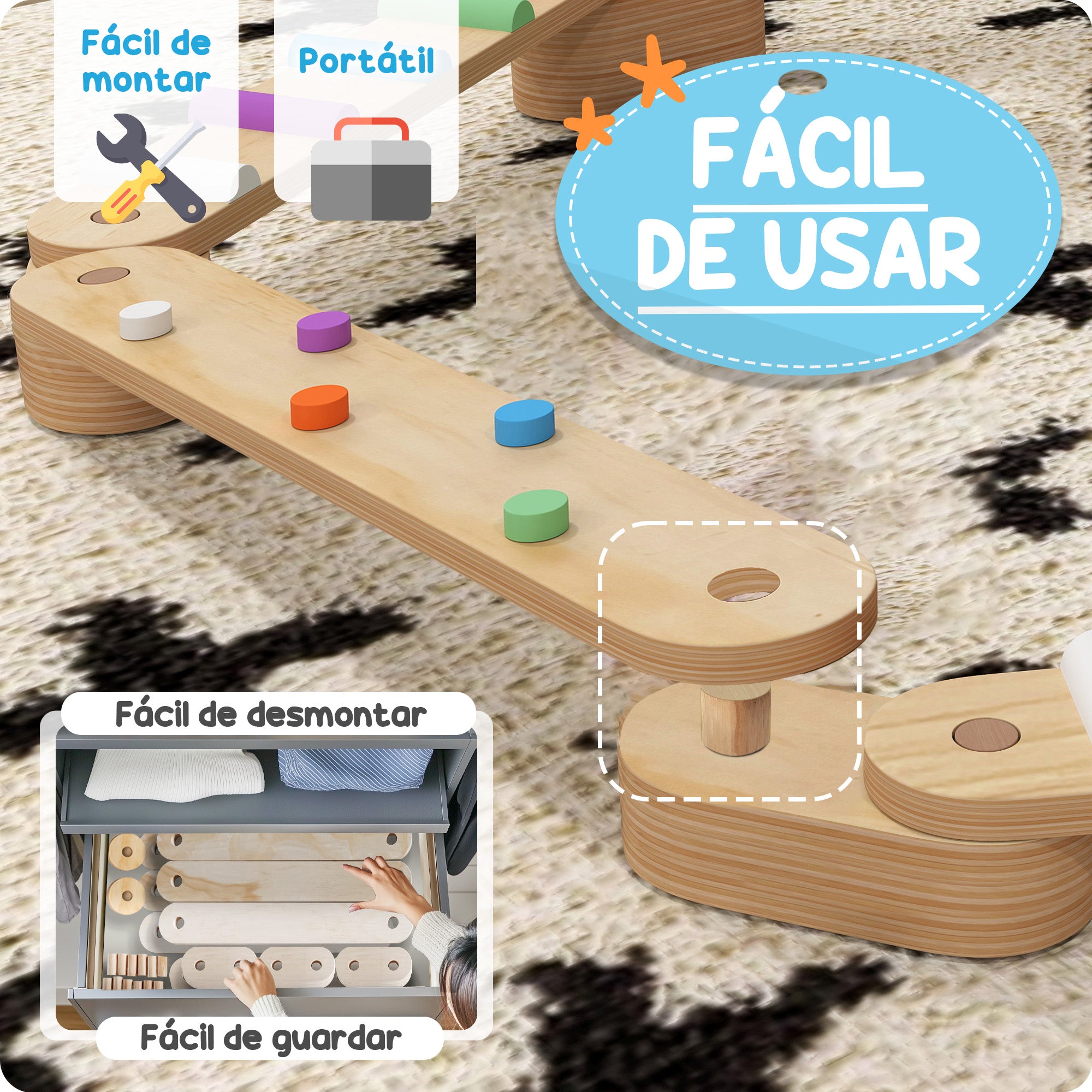 Trave de Equilíbrio Multicor 130x115x8,5 cm para Crianças acima de 3 Anos