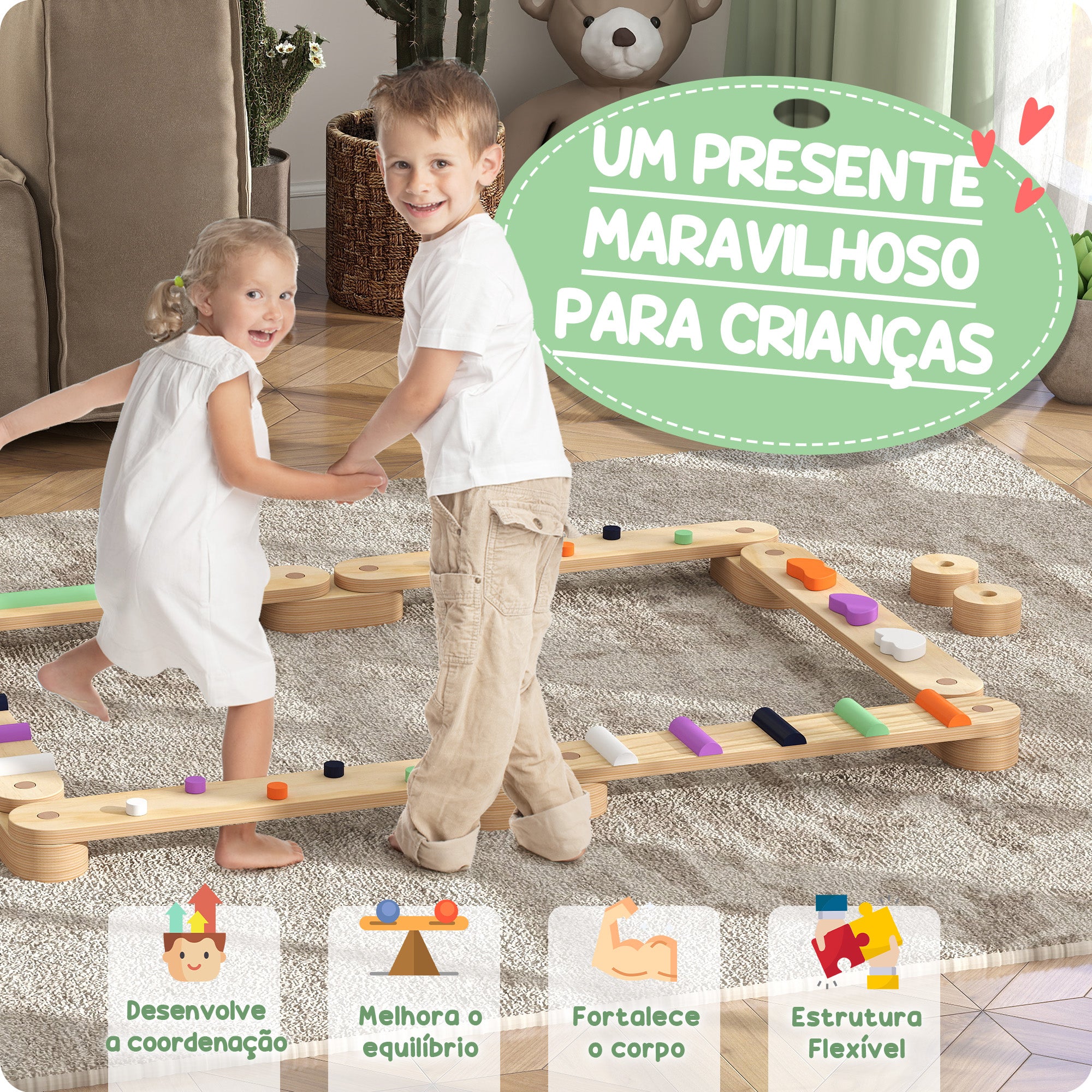 Trave de Equilíbrio Multicor 130x115x8,5 cm para Crianças acima de 3 Anos