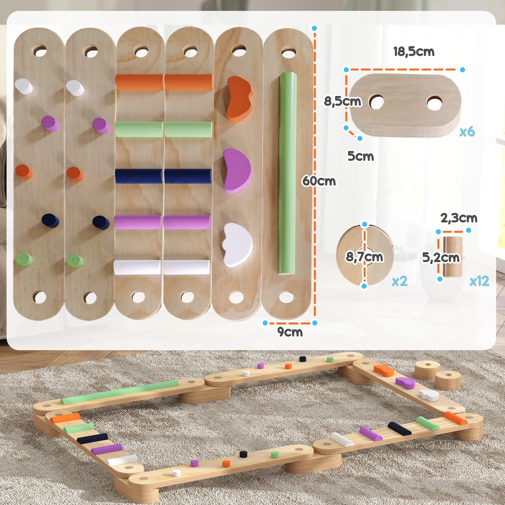 Trave de Equilíbrio Multicor 130x115x8,5 cm para Crianças acima de 3 Anos