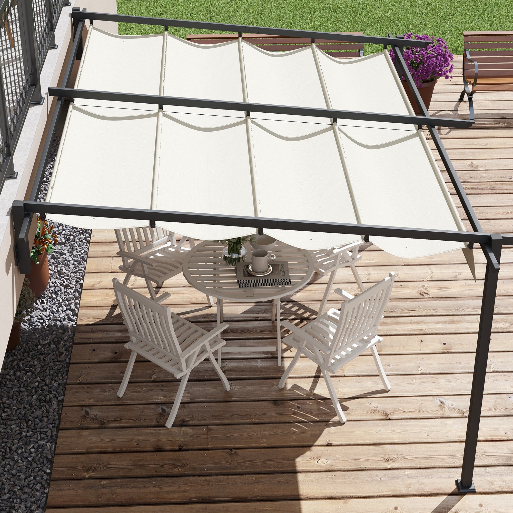 Pérgola de Jardim com Teto Retrátil – 397x297x200/230 cm – Cor Creme – Aço e Poliéster