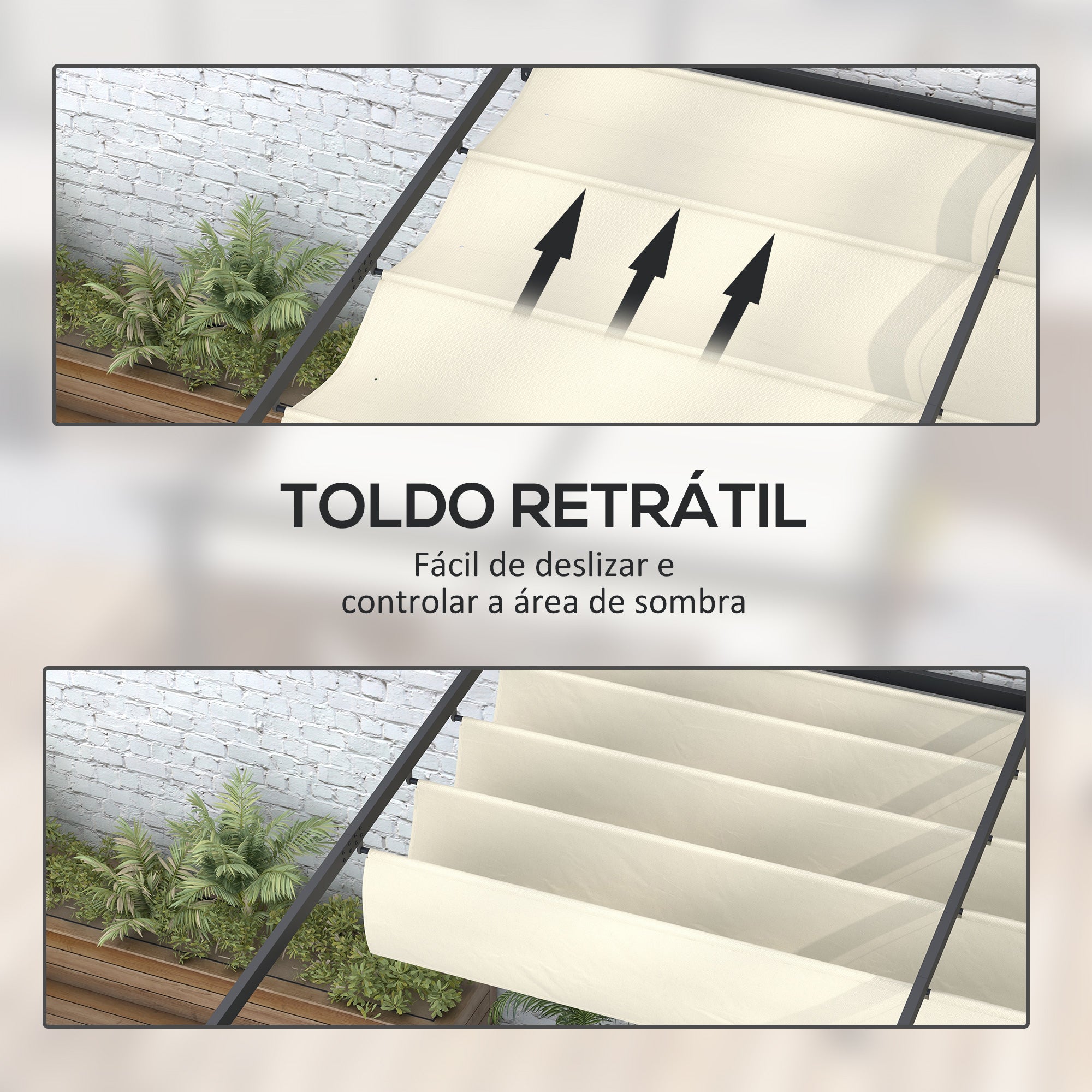 Pérgola de Jardim com Teto Retrátil – 397x297x200/230 cm – Cor Creme – Aço e Poliéster