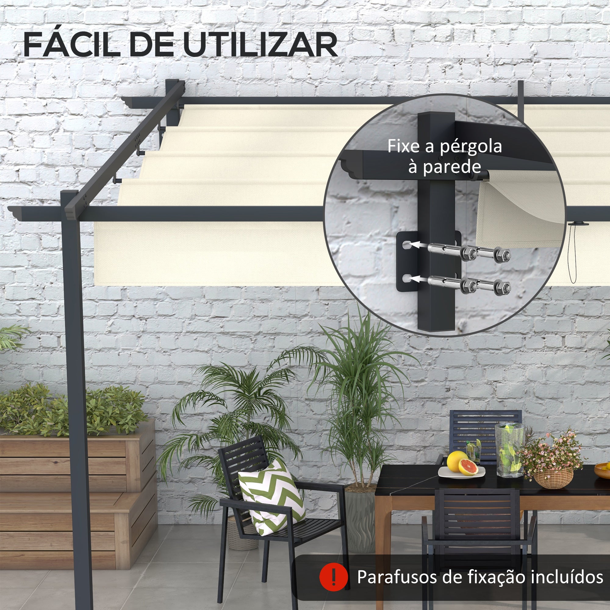 Pérgola de Jardim com Teto Retrátil – 397x297x200/230 cm – Cor Creme – Aço e Poliéster