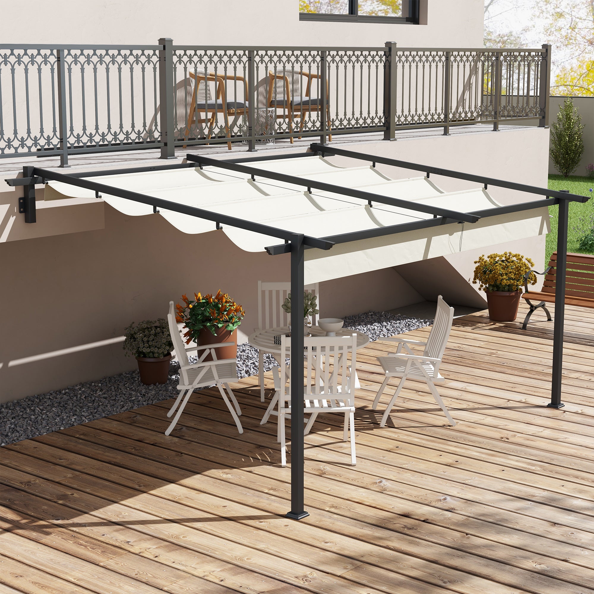 Pérgola de Jardim com Teto Retrátil – 397x297x200/230 cm – Cor Creme – Aço e Poliéster