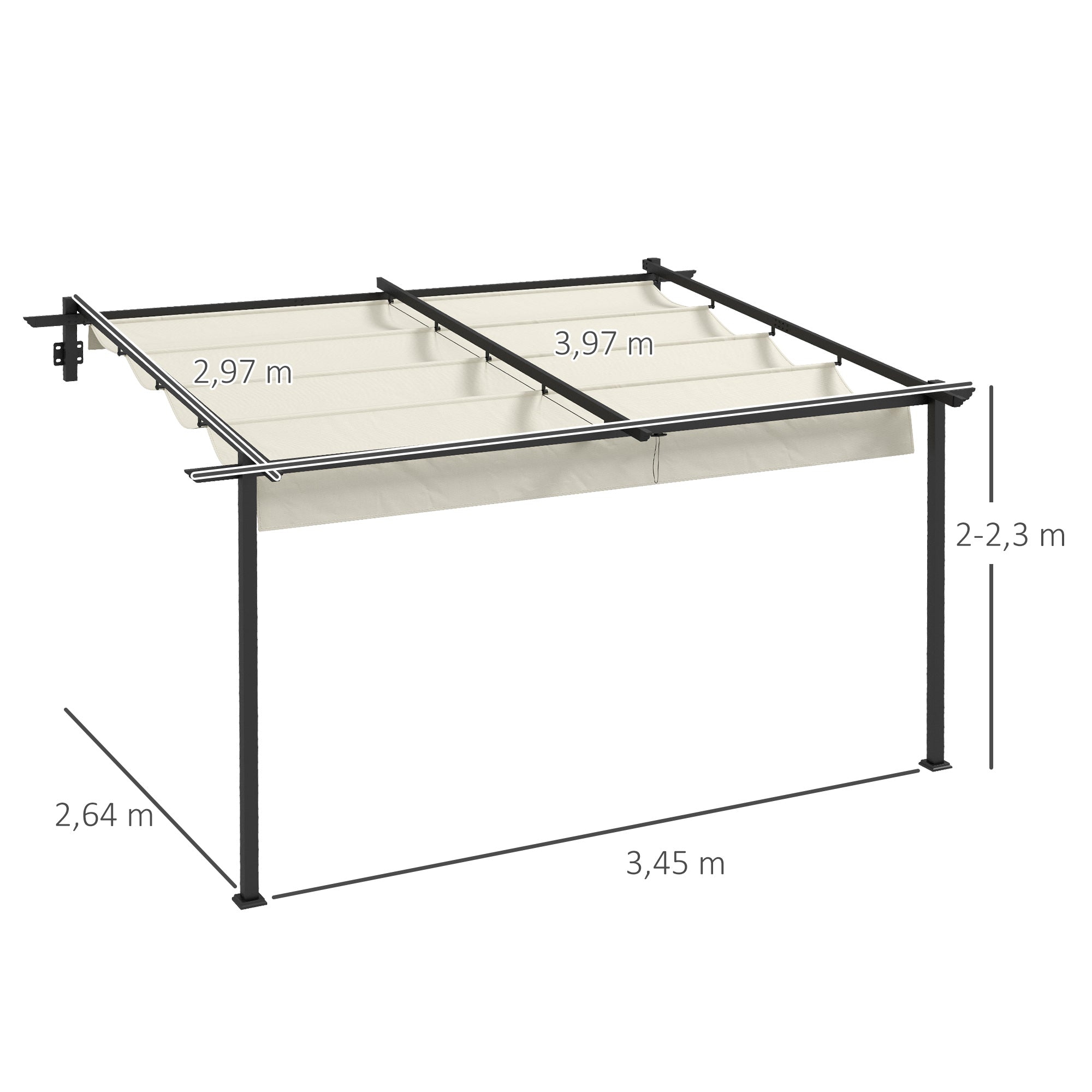 Pérgola de Jardim com Teto Retrátil – 397x297x200/230 cm – Cor Creme – Aço e Poliéster
