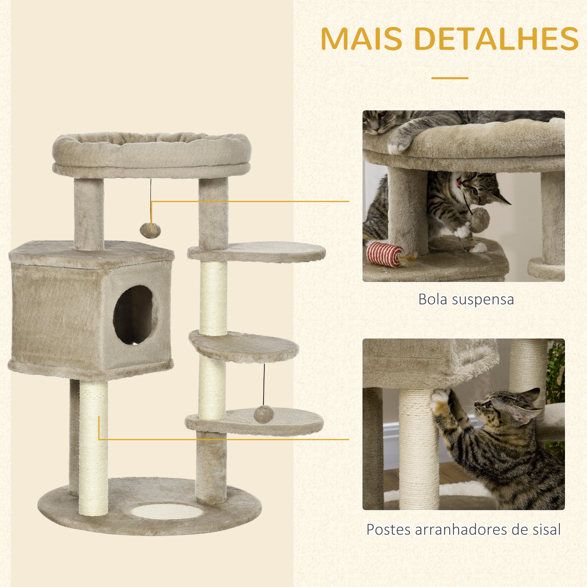 Arranhador para Gatos Pequenos - 55x55x94 cm - Marrom e Creme